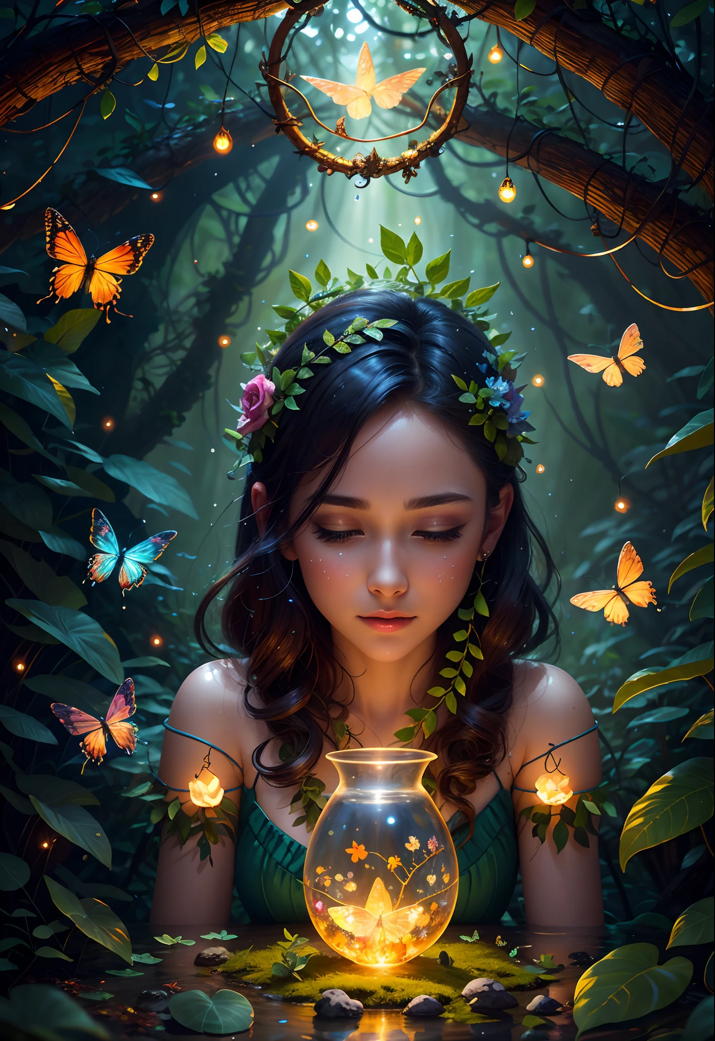 Fantasy in a glass, "ethereal roses, cute animals, glowing little mushrooms surrounded by delicate leaves and branches, and fireflies and glowing particle effects", (natural elements), (jungle theme), (leaves), (branches), (fireflies), butterflies, (delicate leaves), (glow), (particle effects), super realistic, super detailed, dramatic lightning, 4k, masterpiece, light crystal blue, high quality, highly detailed, 8K Ultra HD, butterfly made of water spray, In this enchanting artwork, the very essence of water transforms into ethereal butterflies, each droplet gracefully adorning the wings of a butterfly in flight, The translucence of the water captures the delicate beauty of the butterfly, as if nature has granted fleeting wings to the liquid essence, The intricate patterns formed by these aquatic butterflies evoke a sense of enchantment, their ephemeral forms suspended in time, The play of light on their wings adds a touch of magic, turning ordinary droplets into a symphony of aquatic butterflies, dancing in the realm where water meets whimsical flight, by yukisakura, awesome full color,