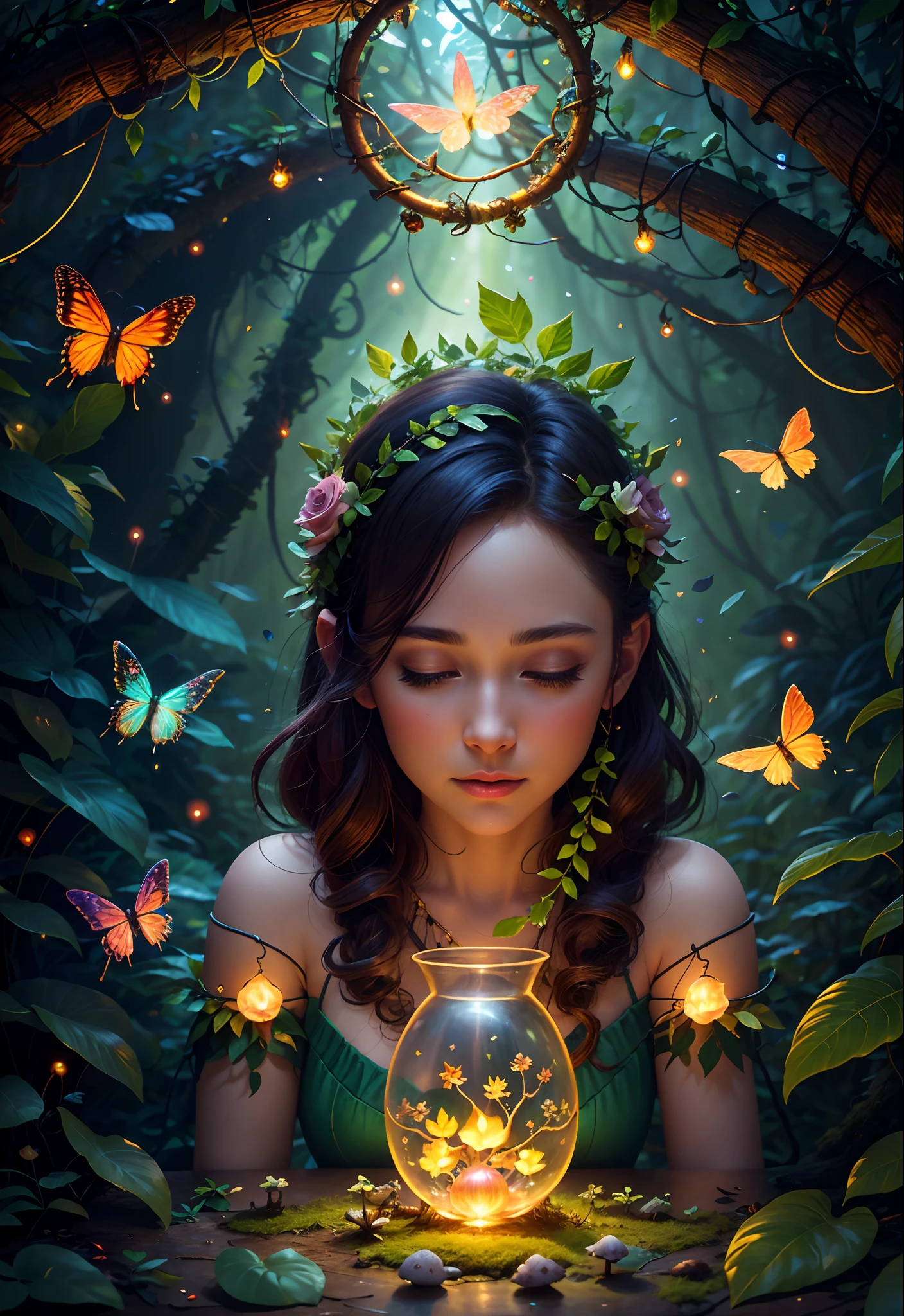 Fantasy in a glass, "ethereal roses, cute animals, glowing little mushrooms surrounded by delicate leaves and branches, and fireflies and glowing particle effects", (natural elements), (jungle theme), (leaves), (branches), (fireflies), butterflies, (delicate leaves), (glow), (particle effects), super realistic, super detailed, dramatic lightning, 4k, masterpiece,