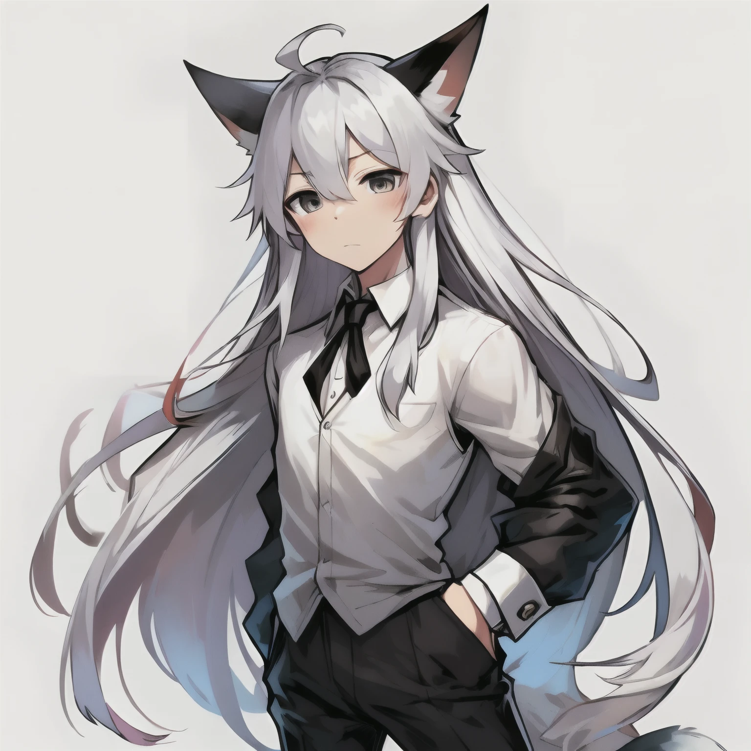 Fox ears、Beautiful Boys、Long silver hair、Deformed、Mini、Black tie、white  shirt、Black pants、White background