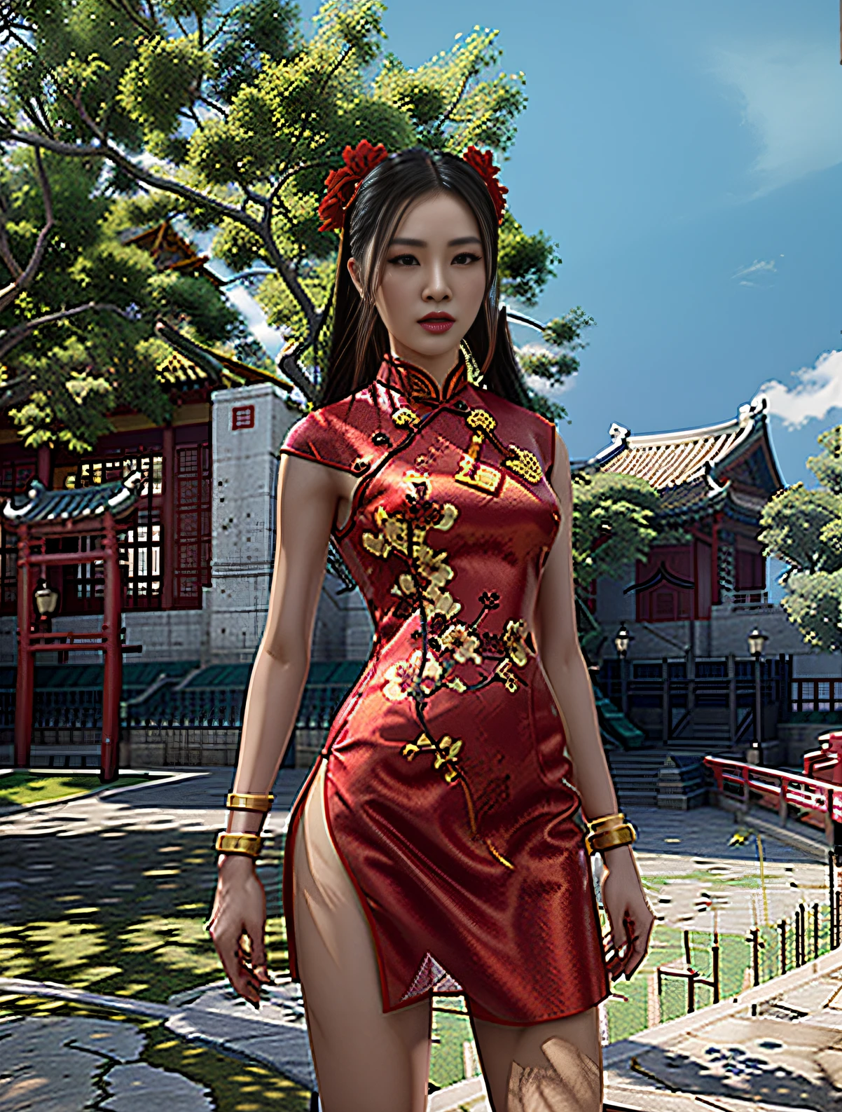 there is a woman in a red dress standing in a courtyard, cheongsam, inspired by Pu Hua, fashion gameplay screenshot, beautiful screenshot, inspired by Dai Xi, inspired by Chen Lu, chinese dress, inspired by Lan Ying, inspired by Ai Xuan, wearing a red cheongsam, full body xianxia, in a blue qipao
