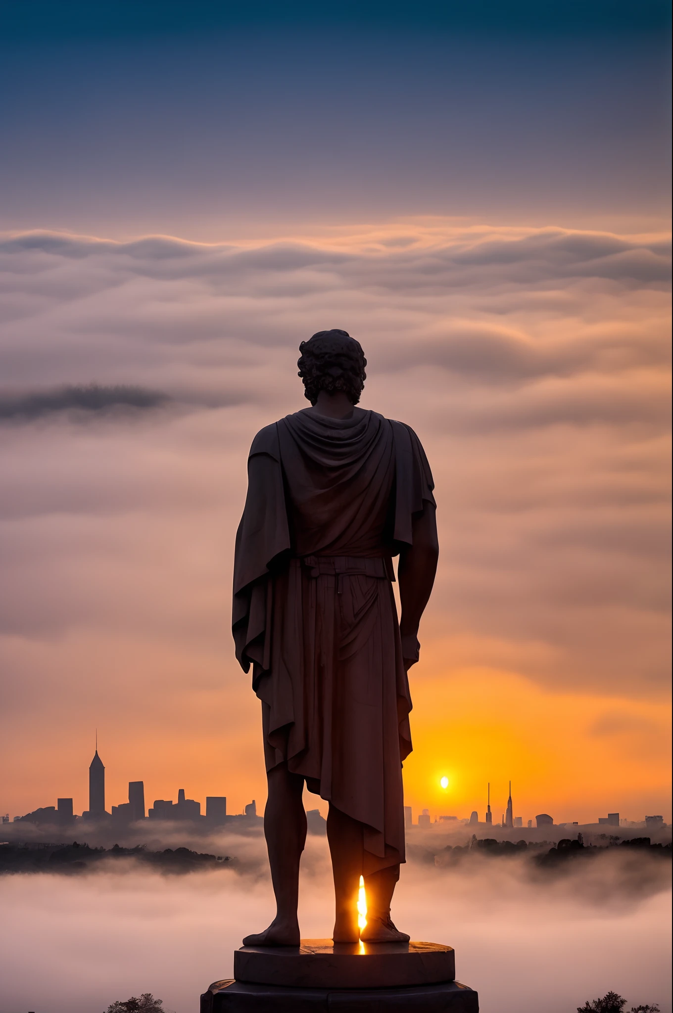Marcus Aurelius in a toga. He has a calm face overlooking the setting in front of a modern city skyline in the background fog and a sunrise