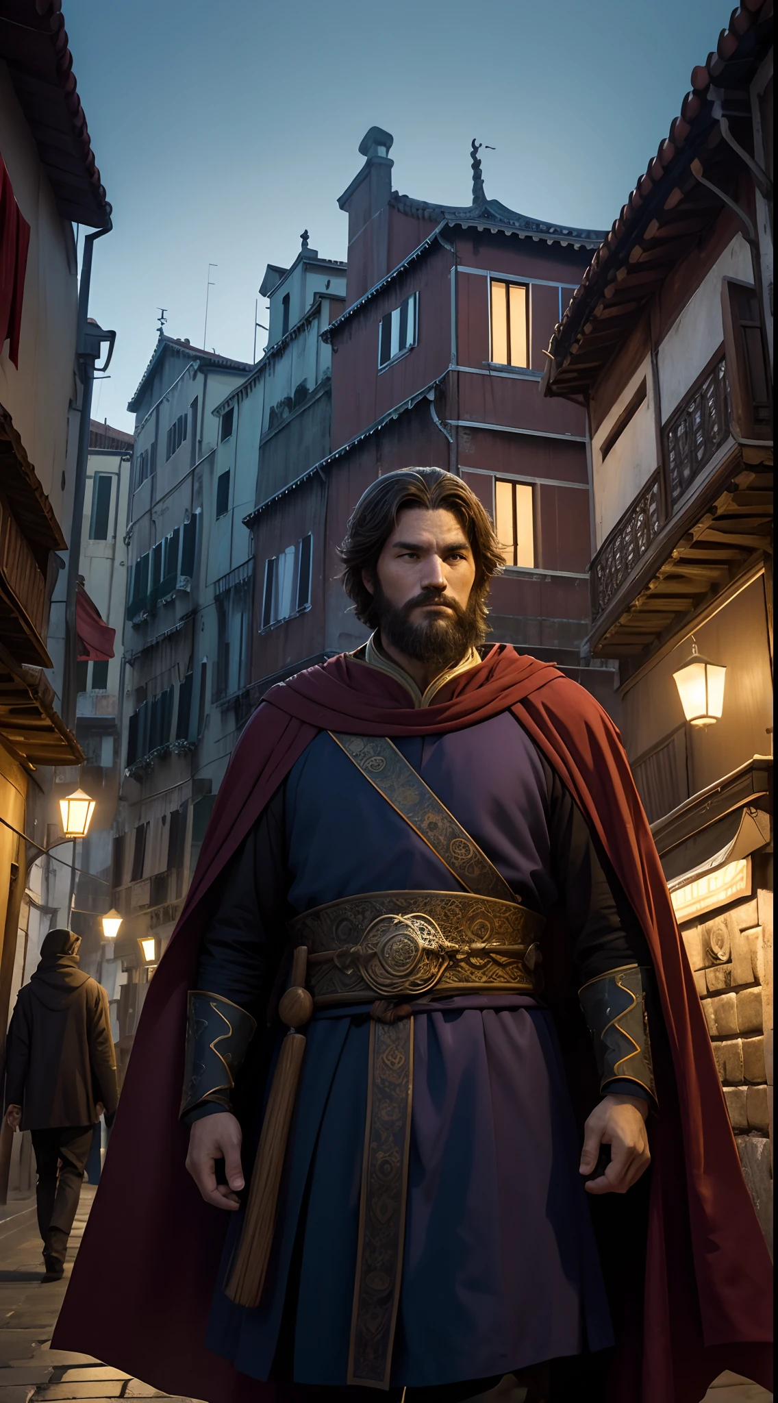 Three venice man, marco polo and two other people , adventurer,13th century,in tiongkok, epic , dark background