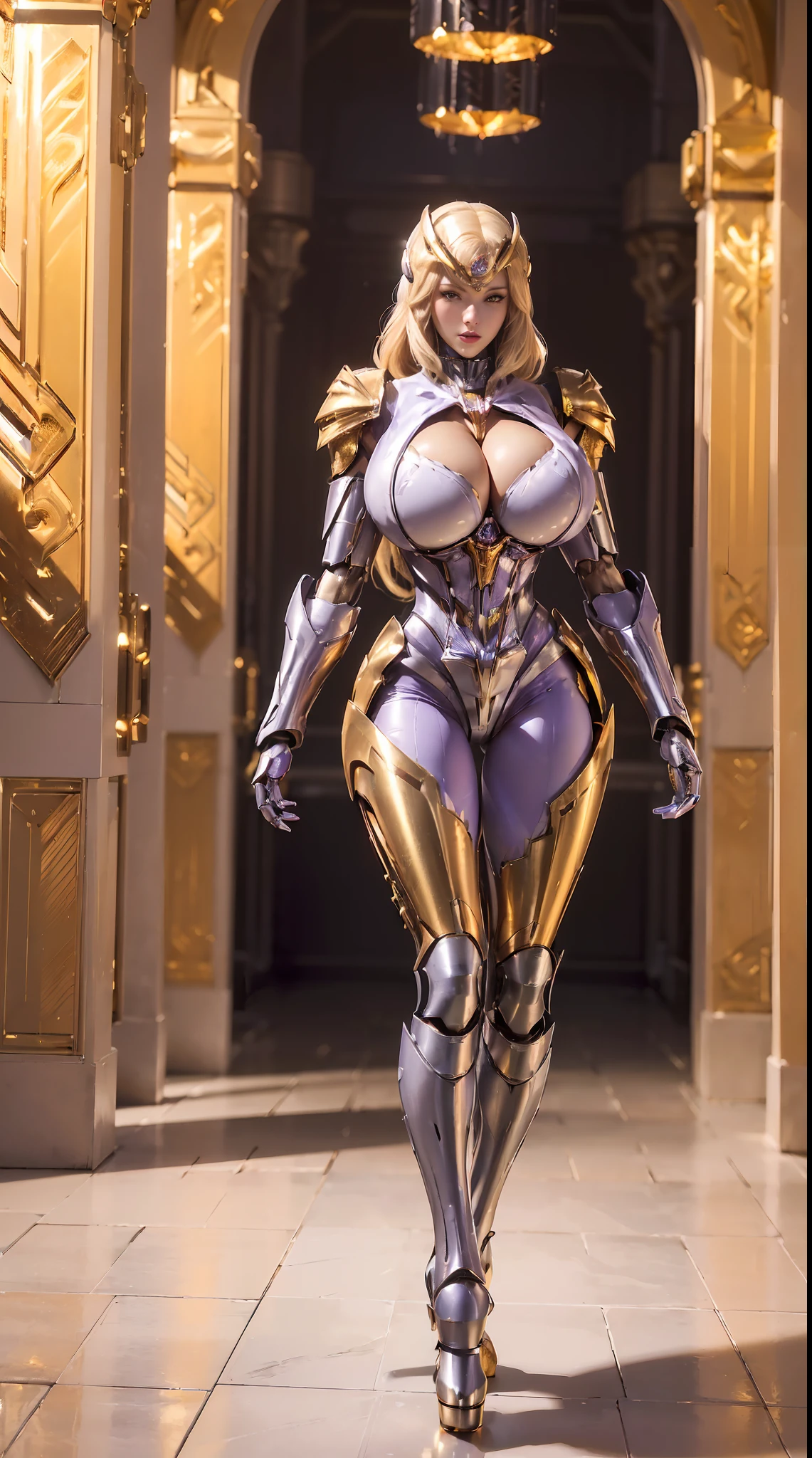 (1GIRL, SOLO), (super detailed face, red_libs, blond_hair), (Phoenix mecha helmet:1.2), (BIG BUTTOCKS, MUSCLE ABS, HUGE BOOBS:1.5), (MECHA GUARD ARM:1.3), (white, purple, gold, MECHA CYBER SHINY ARMORED SUIT, CLEAVAGE, BLACK MECHA SKINTIGHT SUIT PANTS, ROYAL LARGE CAPE, MECHA GUARD ARMOR LEGS, MECHA HIGH HEELS:1.5), (MUSCULAR BODY, SEXY LONG LEGS, HALF BODY:1), (LOOKING AT VIEWER:1.3), (famale focus:0.786), (WALKING DOWN HALLWAY OF FUTURISTIC SPACE STATION:1), (BRIGHT LIGHTING:1.3), PHYSICALLY-BASED RENDERING, ULTRA HIGHT DEFINITION, 16K, 1080P.