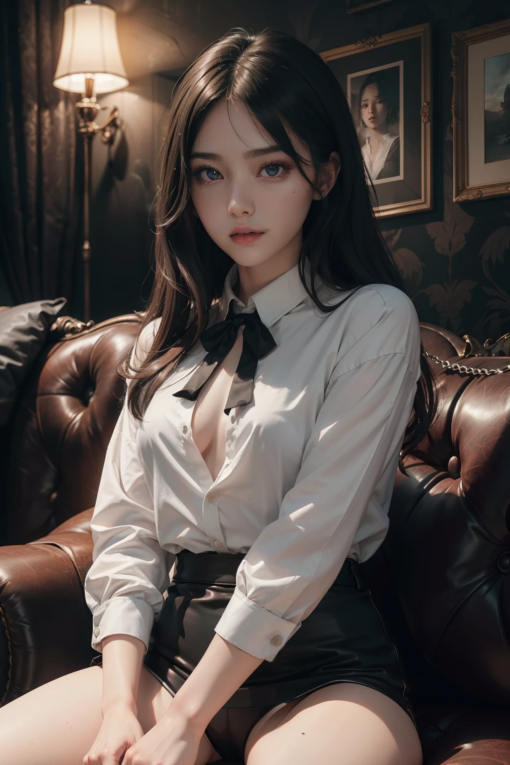 (Hyper-realistic), (Illustration), (High resolution), (8K), (Extremely detailed), (Best Illustration), Yol ( chain saw man ), (Beautiful detailed eyes), (Best Quality), (Ultra-detailed), (masutepiece), (Wallpaper), (Detailed face), Solo, Upper body, Focus on Face, 1 girl, Long Black Hair, Korean, Thin eyeshadow, A detailed eye, Brown eyes, Small moles under the eyes, very slender legs,Long sleeve shirt, Neckbow, Small breasts,Black leather shoes, Dynamic Pose, low illuminance, Night, Dark, Clouds, a dark night,sit on sofa,Happy,white panty,