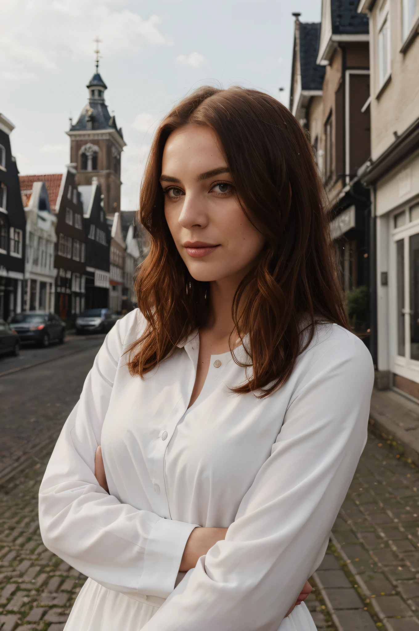 ((Meisterwerk,best quality)),8k Hintergrundbild,1girls, Lange Haare, rotes Haar, nur, Kleid, Rote Augen, Blick auf den Betrachter, long sleeves, stehend, buildings, whitedress, Handschuhe, Haarschmuck, schwarze Jacke, smil, flowy hair, dutch angle, geschlossener Mund, wegblickend, al fresco