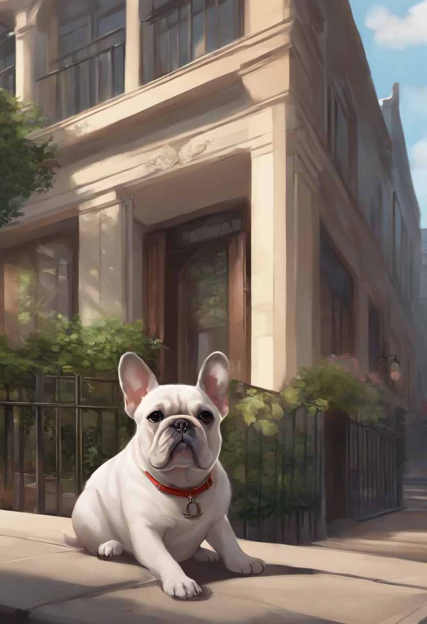 Anime-style photo of a dog sitting on the sidewalk in front of the building, cute detailed digital art, high detailed official artwork, Adorable Digital Painting, Official art, by Shitao, by Yang J, background artwork, Portrait of character, Background art, Anthropomorphic French Bulldog, by Yao Tingmei, Detailed key anime art
