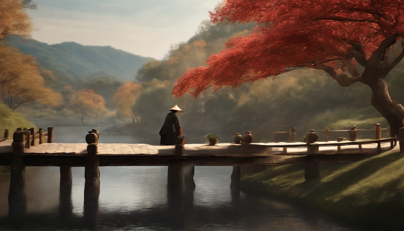 "(best quality,Altas,master part:1.2),illustration, shion, homem de vilarejo chines, estilo medieval chines zen, cultura chinesa, homem andando pela vila, muito tranquila. with trees and river, with a bridge and typical houses, desenho realista, animification, 3d, cenario deslubrante, Adult Chinese man wearing a straw hat, Jovem de apoio aos idosos】 Celebrando o Festival de Chongyang de olhos fechados, jovem sorrindo enquanto apoia os idosos, lively Chrysanthemum Festival, sorriso cativante, Close-up of climbing a mountain in the distance, "