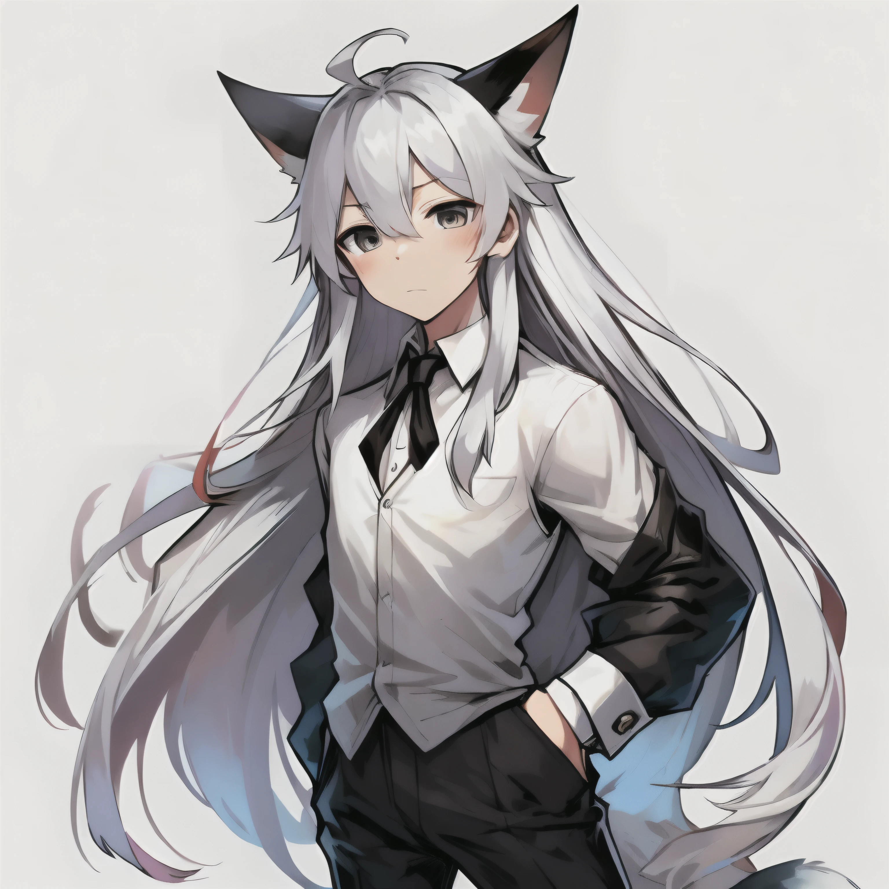 Fox ears、Beautiful Boys、Long silver hair、Deformed、Mini、Black tie、white  shirt、Black pants、White background
