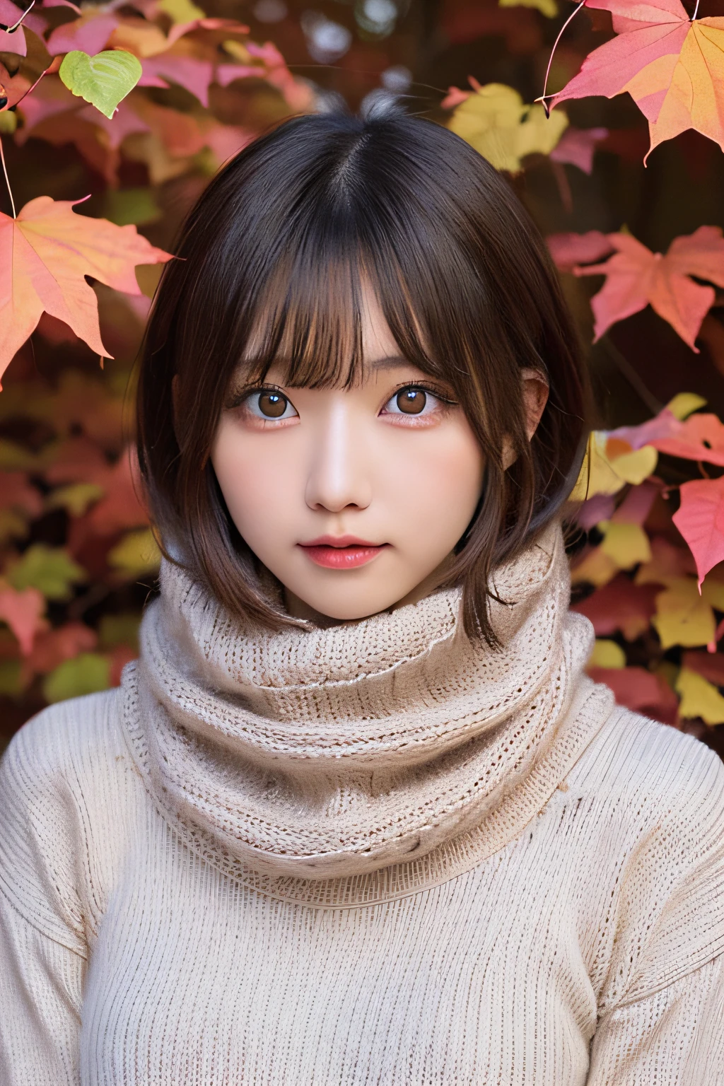 masutepiece, Best Quality, One girl, (a beauty girl, kawaii:1.3), (20 years old:1.3), Very fine eye definition, (Symmetrical eyes:1.3), (Autumn leaves), (Sweaters, scarf:1.2), Big breasts, Big Tits, large full breasts, Double D size, Show cleavage, Brown eyes, Parted bangs, Brown hair, girl