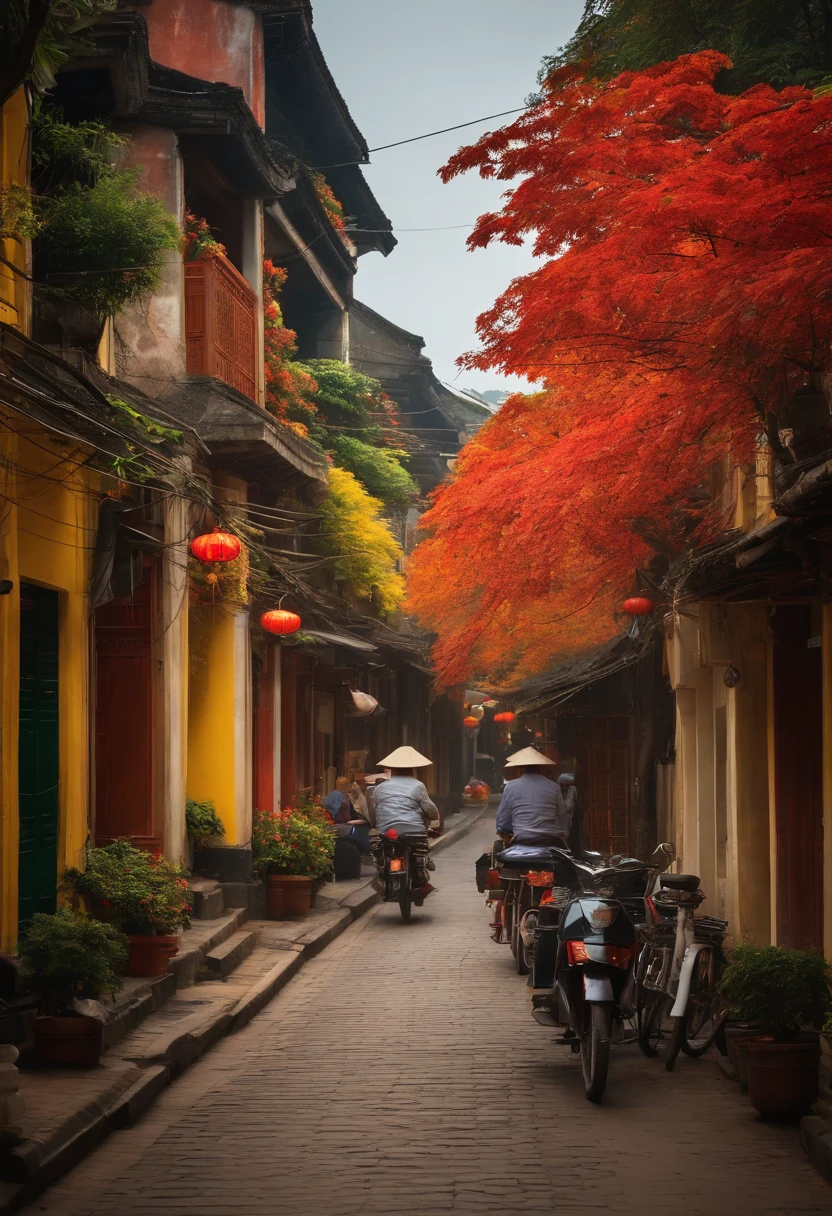 Please depict an old quarter street in Hanoi, with traditional houses and narrow alleys. Rows of maple trees are planted along the street, creating vibrant fields of red maple trees. The maple trees have bright red, yellow, and orange leaves, adding a vivid touch to the scenery. You can include details such as people strolling along the street or vintage bicycles passing by. Create a warm and peaceful autumn scene that showcases the beauty of Hanoi’s old quarter.