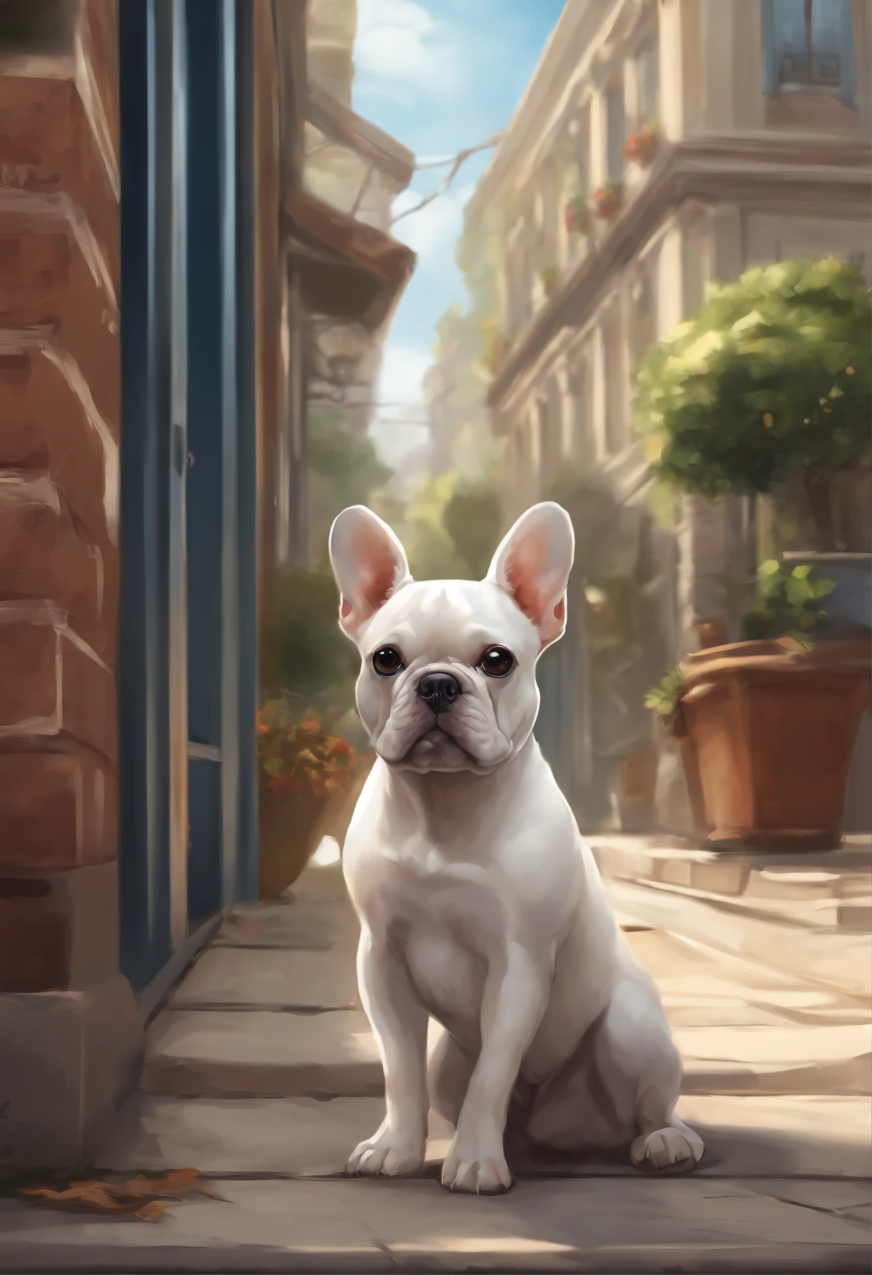 Anime-style photo of a dog sitting on the sidewalk in front of the building, cute detailed digital art, high detailed official artwork, Adorable Digital Painting, Official art, by Shitao, by Yang J, background artwork, Portrait of character, Background art, Anthropomorphic French Bulldog, by Yao Tingmei, Detailed key anime art