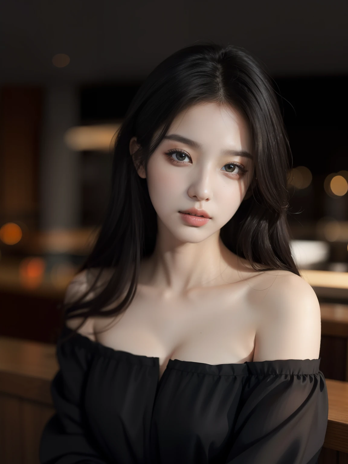best qualityer, Masterpieces, Super high resolution, (photograph realistic:1.5), Original image,Black dress ,Korean 1girl, offshoulder, In the dark, deepshadow, low tune, Cold light, Sexy look, long whitr hair,Cafe,pretty,lim light,swirling hair
