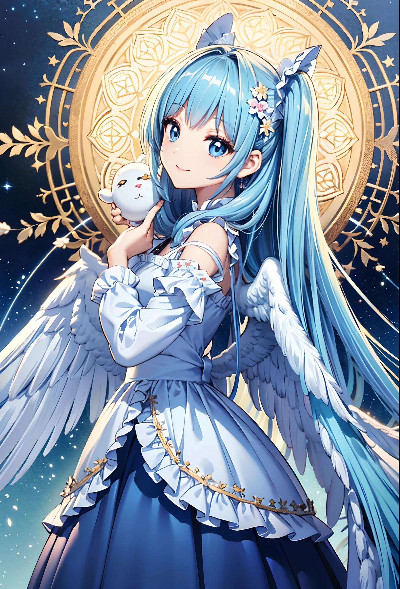 Big big wings of angels shining in seven colors、Kawaii Girl、adorable smiling、Light blue long hair、Twin-tailed、Colorful angel costume in ta style with lots of frills、((top-quality))、((masterpiece))、(ighly detailed、highestdetailed、Official art、Beautifully Aesthetic:1.2)