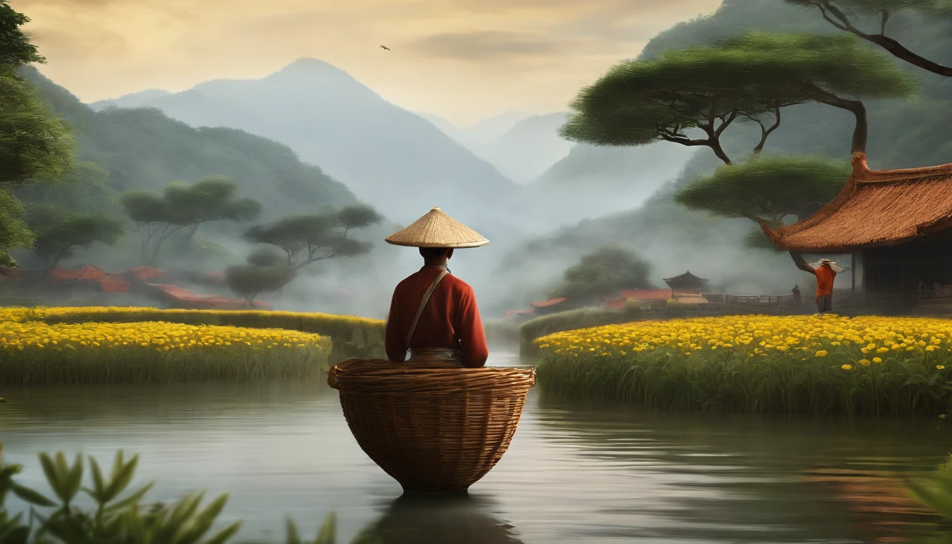"(melhor qualidade,Altas,master part:1.2),illustration, shion, homem de vilarejo chines, trabalhando com vendas, with basket on head, estilo chines zen, cultura chinesa, homem andando pela vila, muito tranquila. with trees and river, e pessoas trabalhando, with a bridge and typical houses, desenho realista, animification, 3d, cenario deslubrante, Adult Chinese man wearing a straw hat, Jovem de apoio aos idosos】 Celebrando o Festival de Chongyang de olhos fechados, jovem sorrindo enquanto apoia os idosos, lively Chrysanthemum Festival, sorriso cativante, Close-up of climbing a mountain in the distance, "