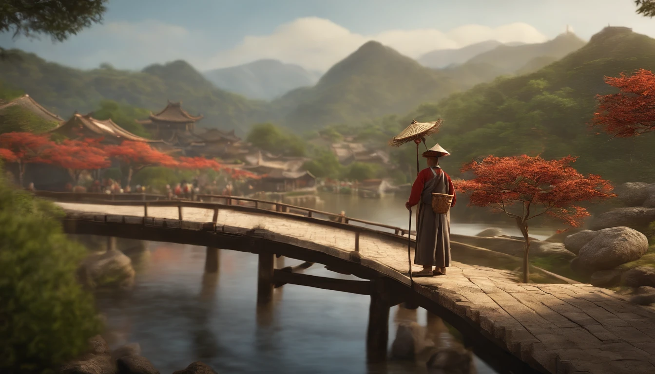"(melhor qualidade,Altas,master part:1.2),illustration, shion, homem de vilarejo chines, trabalhando com vendas, with basket on head,  estilo chines zen, cultura chinesa, homem andando pela vila, muito tranquila. with trees and river, e pessoas trabalhando, with a bridge and typical houses, desenho realista, animification, 3d, cenario deslubrante, Adult Chinese man wearing a straw hat, Jovem de apoio aos idosos】 Celebrando o Festival de Chongyang de olhos fechados, jovem sorrindo enquanto apoia os idosos, lively Chrysanthemum Festival, sorriso cativante, Close-up of climbing a mountain in the distance, "