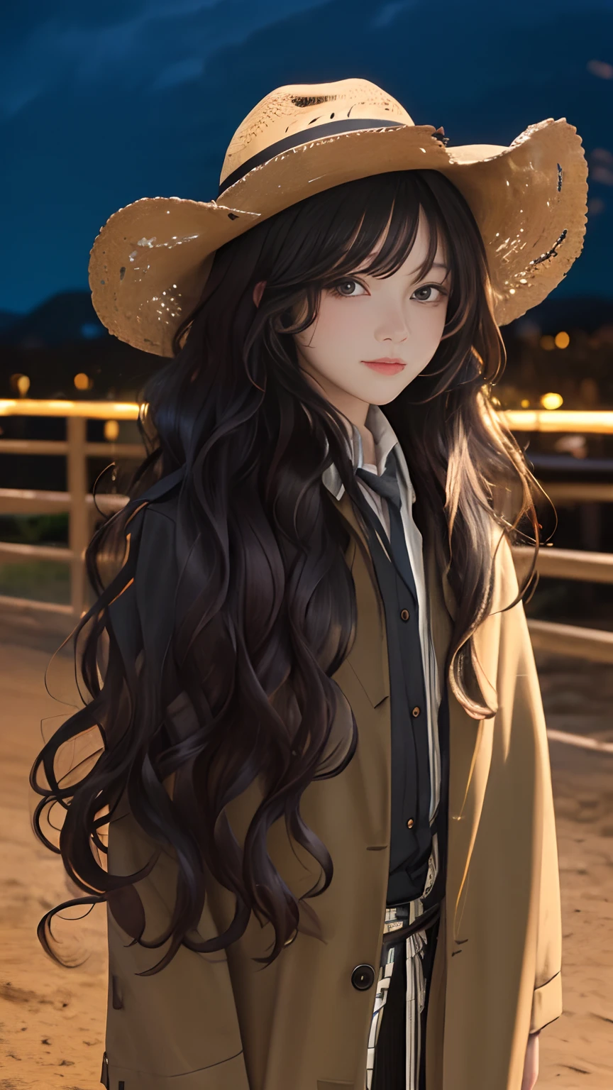 (masterpiece:1.2), (best quality:1.2), night, (looking at viewer), bright skin, cowboy shot,
outdoors, fringe,
long hair, (wavy hair),