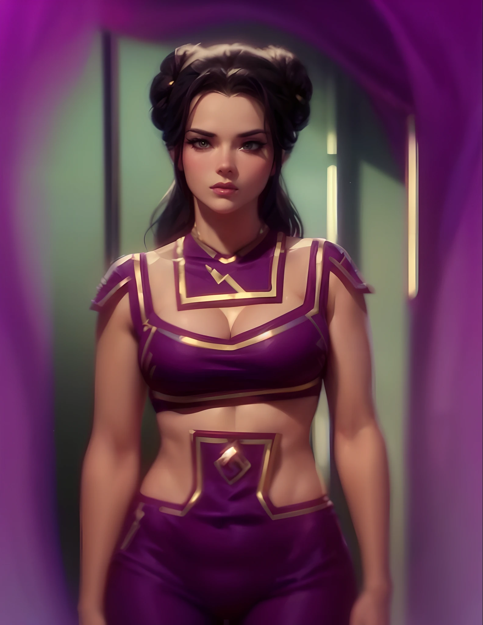 (Young lithe bodacious curvaceous woman), (young seductive enthralling woman), pale skin, dark hair, curvaceous body, (elaborately coiffed black hair with large side rolls, wearing purple genie bikini outfit), (in star trek the original series), (4K, 8K, extremely-high resolution), cinematic, hyper-detailed, hyper-sharp, hyper-realistic, symmetrical, "100% anatomically correct", octane render