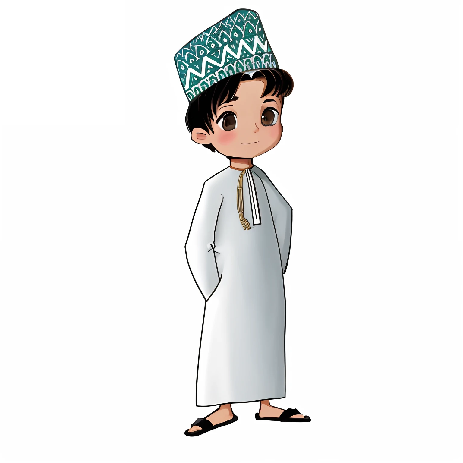 Cartoon boy in traditional Omani costume, Arab standing watching, Dressed dress, Arab man, traditional clothing, traditional clothing, Wearing traditional dress, Fluently dressed long, Young people from the general public, Traditional costume, Afghani male species, Inspired by Sheikh Hamdallah, little boy, traditional dress, Fluently dressed, Figure with hat
