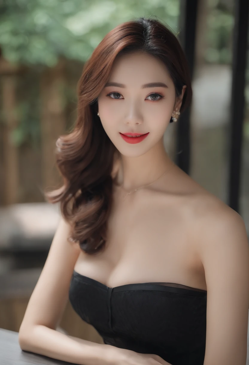 ChineseGirl,((Best Picture Quality, 8k, tmasterpiece:1.3)), 1girl, Beautiful woman with slender abs:1.3, (Casual hairstyle, No leakage of big breasts:1.2), black color dress:1.1, Ultra-fine face, 詳細な目, 二重まぶた,ssmile,Home