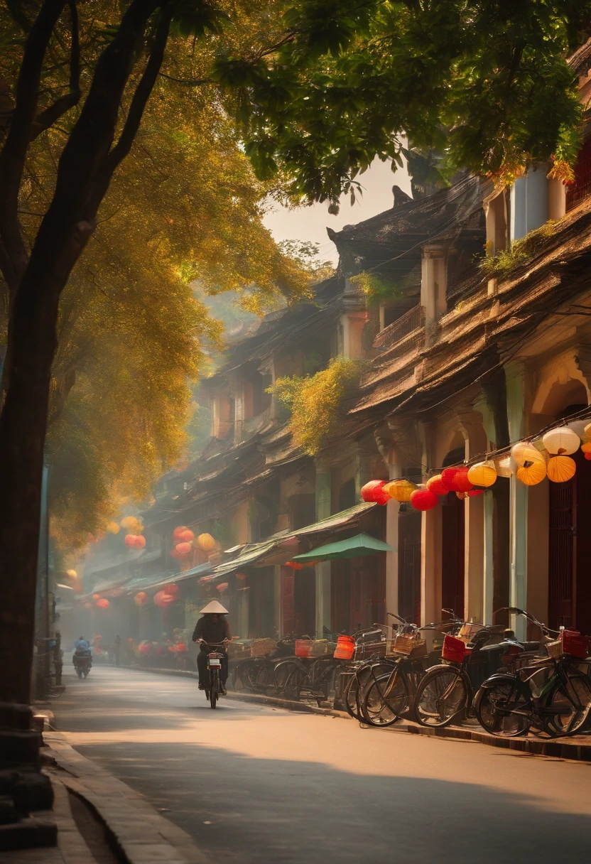 Please depict an old quarter street in Hanoi, with traditional houses and small alleys. Banyan trees are planted along the street, creating alternating rows of red and green leaves. The banyan trees have green, yellow, and orange leaves, adding a vibrant touch to the scenery. You can include details such as people from Hanoi walking along the street or vintage bicycles passing by. Create a warm and peaceful autumn scene that showcases the beauty of Hanoi’s old quarter in the fall.