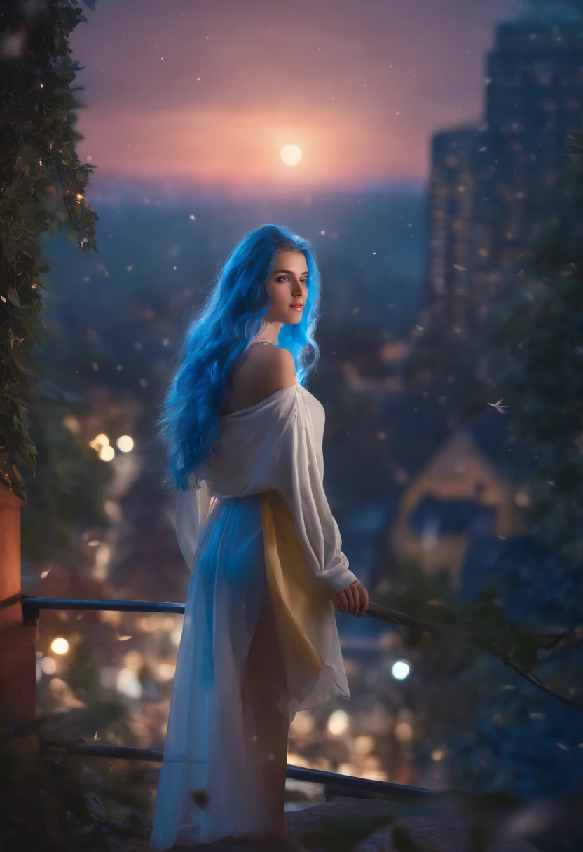"Image Quality: 8K (Best Quality Scale: 1.2), Artistic Style: Realistic, Photorealistic Factor: 1.37, Clarity: Ultra High Definition, Subject:1girl flying above stunning cityscape ,hoodie,blue hair, neon color shooting stars, very long hair, off shoulder, feather hair ornament, neon colors, flashes, stunning night sky, Teenage Girl (16 years old), Notable Features: Pleasant Smile, Closed Mouth, Exquisite Details, Lovely Nose, Composition: Full Body, Damp Hair, Context: Amidst Colossal Dalsefo,, Attire: snow white T Shirt, Angel wings very detailed