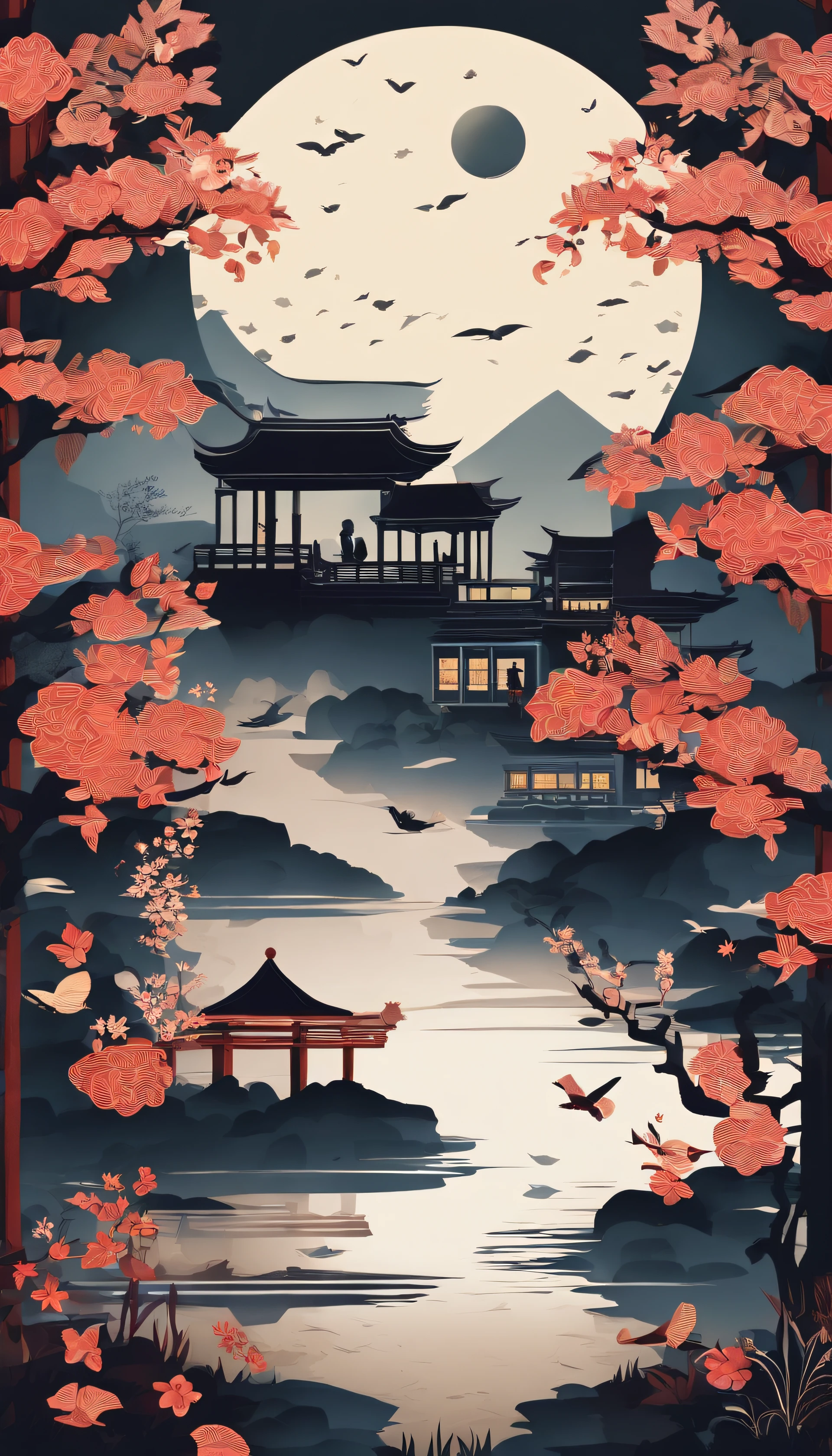 Three-dimensional paper cutting,3D,Festive lanterns, Family reunion, themoon, Moon viewing, Impressionism, Warm light, Festive lights, Colorful light,Poster art,mid-autumn festival,Chinese landscape painting