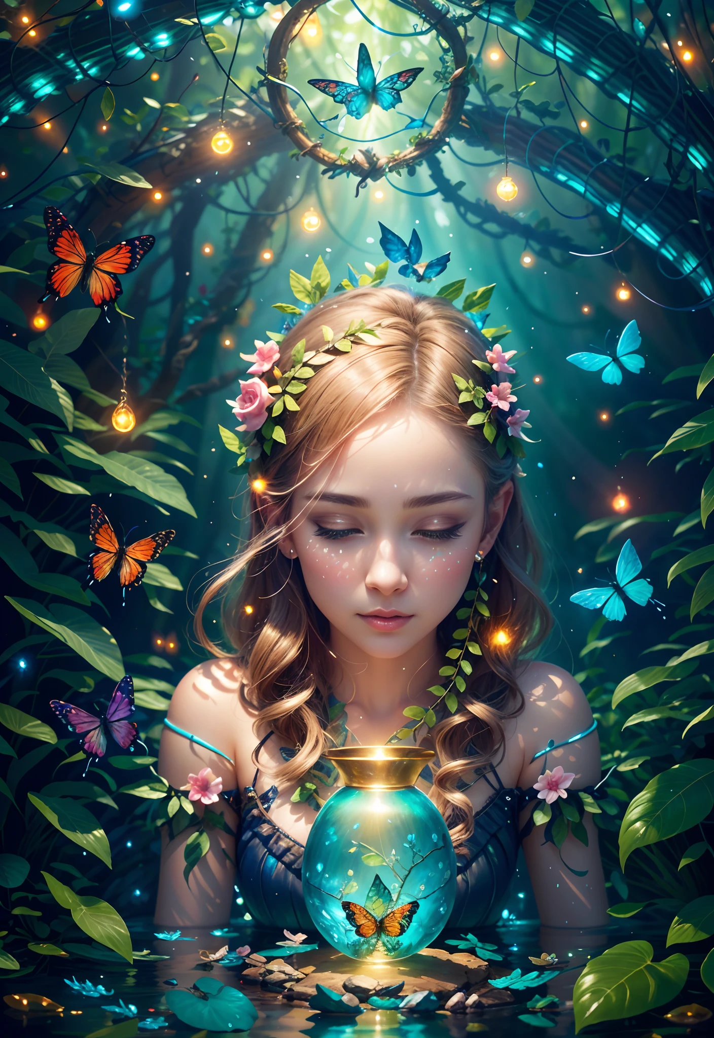 Fantasy in a glass, "ethereal roses, cute animals, glowing little mushrooms surrounded by delicate leaves and branches, and fireflies and glowing particle effects", (natural elements), (jungle theme), (leaves), (branches), (fireflies), butterflies, (delicate leaves), (glow), (particle effects), super realistic, super detailed, dramatic lightning, 4k, masterpiece, light crystal blue, high quality, highly detailed, 8K Ultra HD, butterfly made of water spray, In this enchanting artwork, the very essence of water transforms into ethereal butterflies, each droplet gracefully adorning the wings of a butterfly in flight, The translucence of the water captures the delicate beauty of the butterfly, as if nature has granted fleeting wings to the liquid essence, The intricate patterns formed by these aquatic butterflies evoke a sense of enchantment, their ephemeral forms suspended in time, The play of light on their wings adds a touch of magic, turning ordinary droplets into a symphony of aquatic butterflies, dancing in the realm where water meets whimsical flight, by yukisakura, awesome full color,