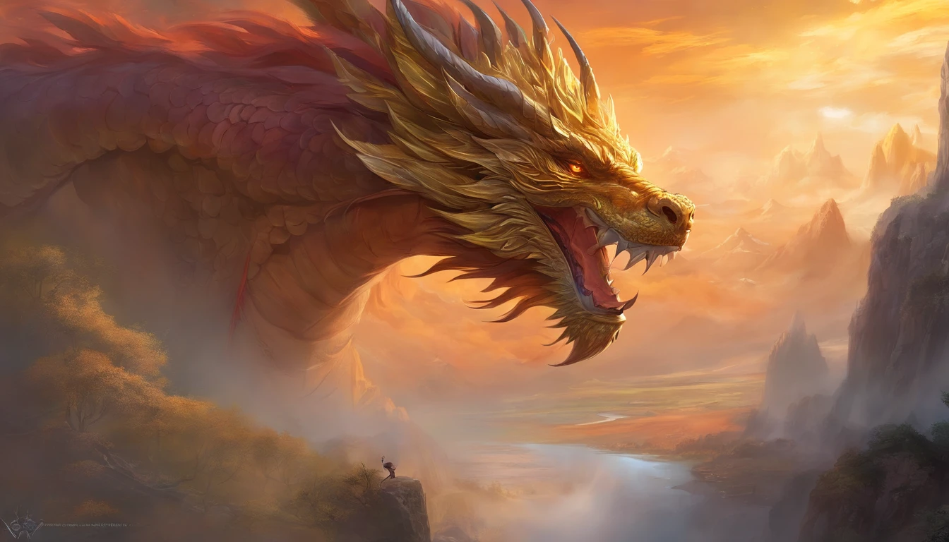 mont々Painting of a Chinese dragon circling between,With the dragon as the main background,There are clouds,There are mountains,Flying in the sky(Chinese Dragon:1.5),highly detailed fantasy art,hyperrealistic d & d fantasy art, Artstation contest winner,