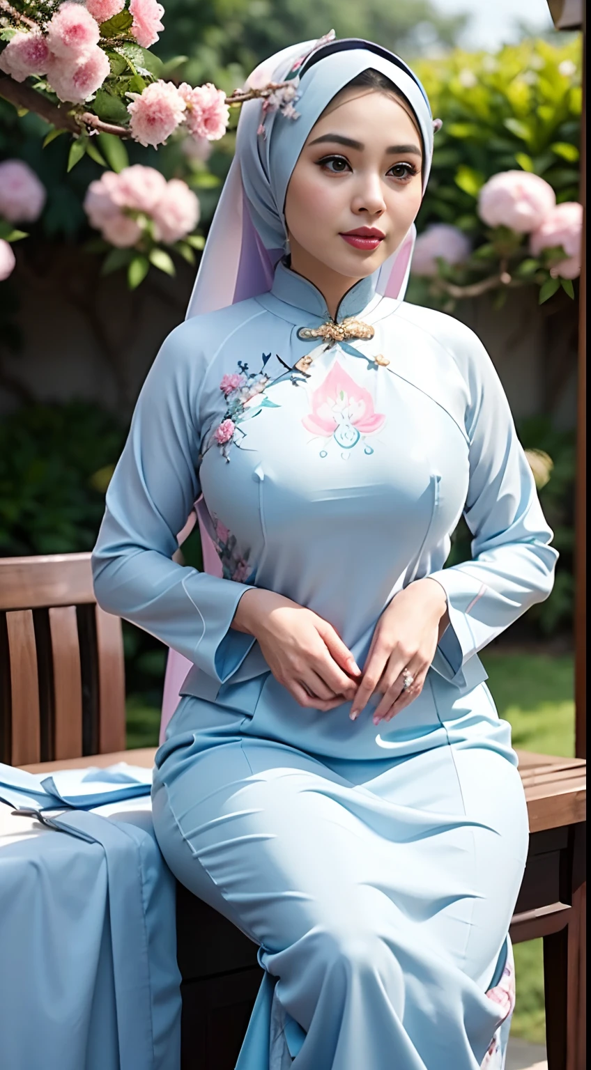 RAW, Best quality, high resolution, Masterpiece: 1.3), Beautiful Malay woman in hijab, Masterpiece, Perfect slim body, ((Big breasts)), Beautiful big eyes, watery eyes, Soft smile,wearing (Ao Dai:1.5)、(rot),soft smiling、Black eyes,Exquisiteface、perfectly proportions、Drop-shaped chest、爆乳、Constriction、Navel、Crotch gap、Reinforced round buttocks、well-shaped neat buttocks、thighs thighs thighs thighs、Sexy Soft Pose、Curved shape、beautiful curves、Elegant and vivid Ao Dai、relax、Flowers blooming around、Complex pattern、Vibrant colors、Garden with colorful flowers、A paradise of natural beauty、A quiet、Gorgeous、 (Depth Fields:1.3), Beautiful flower garden in the background、(the background is blur