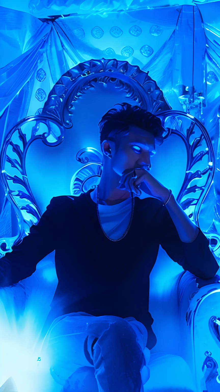 Change background. Add kings chair. Don't change face . Mack some light blue effect