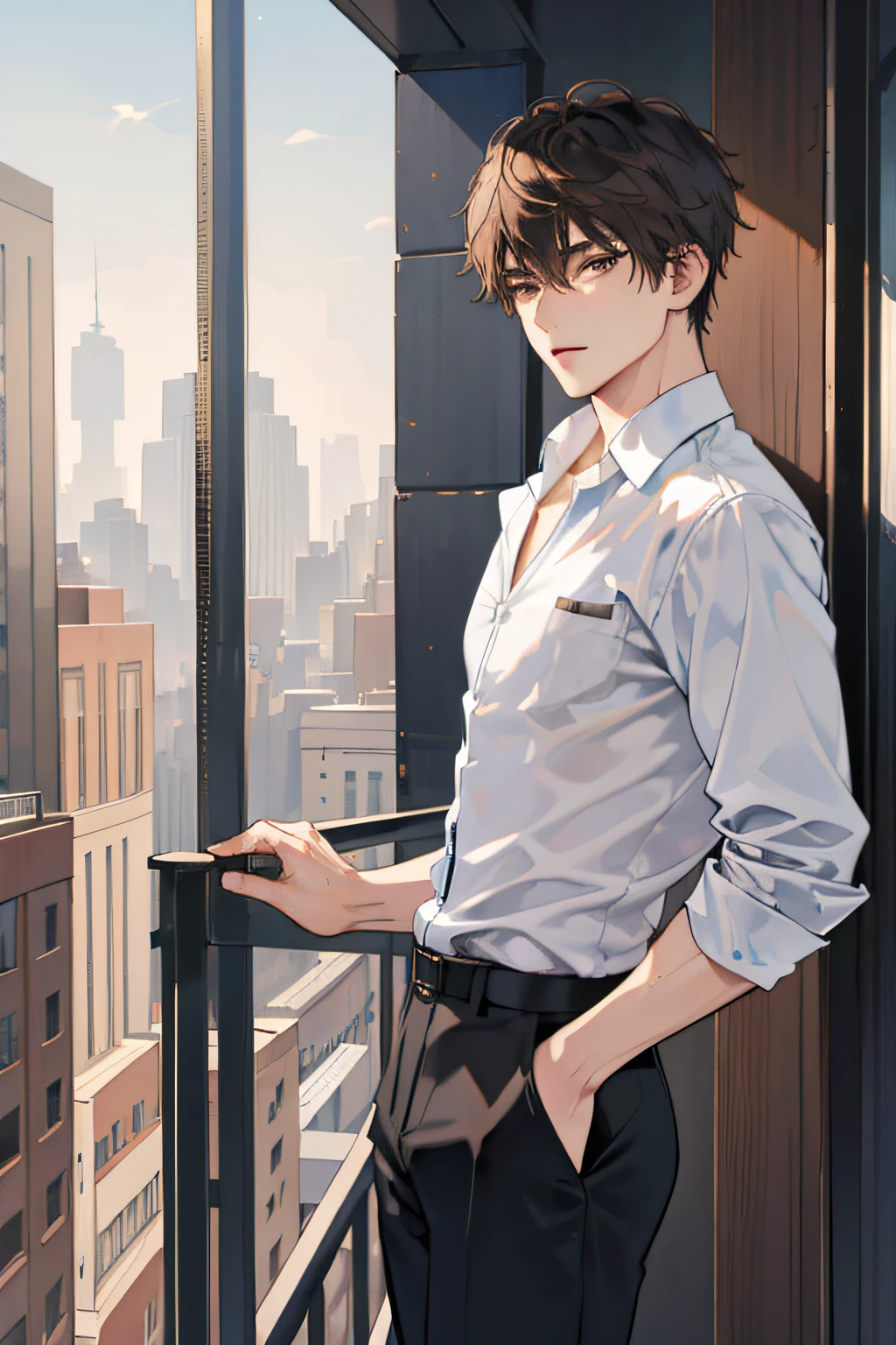 1boy, sexy, cute, short hair, brown eyes, white shirt, black pants, city, high res, ultrasharp, 8K, masterpiece, looking at viewer