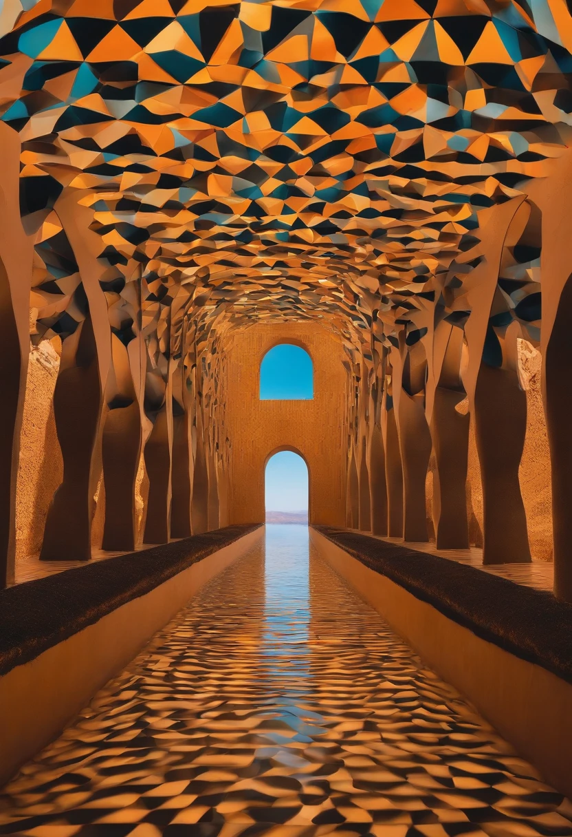 monument valley,optical illusions,cubismo,Yayoi Kusama,Escher's theory of relativity,iso-distance view,Dramaticlight,Translucent stereoscopic,Rich in color,Beautiful composition,tmasterpiece,Detailed details,k hd,Urban bridges,River forest