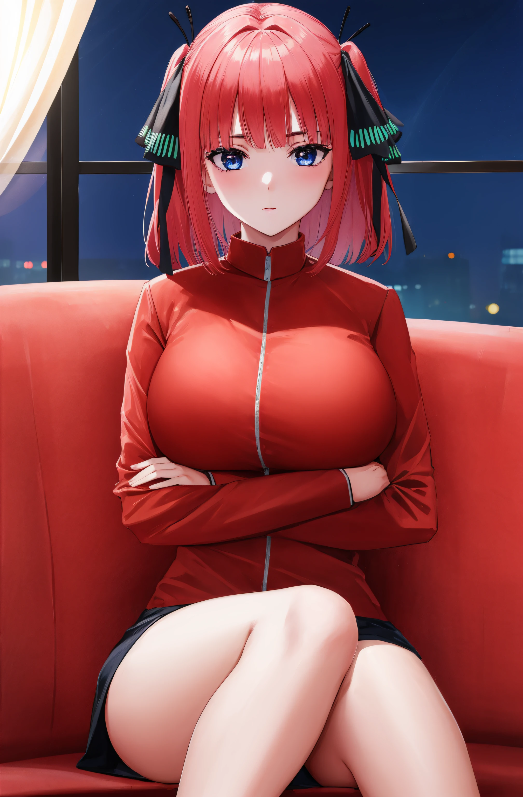 (Night:1.7), Cyberpunk_CityView, Before Window,
sitting at attention,sitting on couch,crossed arms, 
red uniform,red jacket,military_uniform,military,long_sleeves,red_cape,Black_shirt,pantyhose, 
nino nakano, short hair, bangs, blue eyes, hair ornament, hair ribbon, pink hair, blunt bangs, two side up, butterfly hair ornament,
1 girl, 25yo,mature female,Beautiful Finger,Beautiful long legs,Beautiful body,Beautiful Nose,Beautiful character design, perfect eyes, perfect face,
looking at viewer, (innocent_big_eyes:1.0),(expressionless:1.3),
NSFW,official art,extremely detailed CG unity 8k wallpaper, perfect lighting,Colorful, Bright_Front_face_Lighting,
(masterpiece:1.0),(best_quality:1.0), ultra high res,4K,ultra-detailed,
photography, 8K, HDR, highres, absurdres:1.2, Kodak portra 400, film grain, blurry background, bokeh:1.2, lens flare, (vibrant_color:1.2)
(Beautiful,large_Breasts:1.4), (beautiful_face:1.5),(narrow_waist),(perfect hands, perfect anatomy),