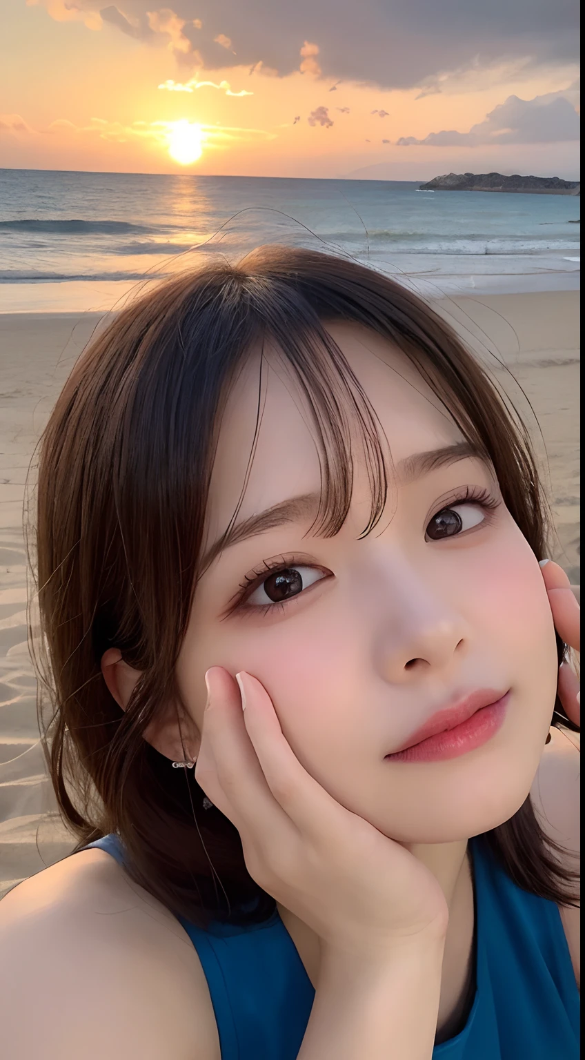 1 girl, masterpiece, Very detailed, (Beautiful and delicate shine), Lens flare, Gray Hair, Medium Long Hair, Floating Hair, think return, return, return, smile, blue eyes, Big Breasts, Upper Body, Wide Shot , ((Uyuni salt lake)), sunrise, cloud, returnlight, Purple Sky, Yellow Sky, Gradient Sky,Huge breasts,Looking at the audience,Detailed eyes,Detailed eyelashes,smile
