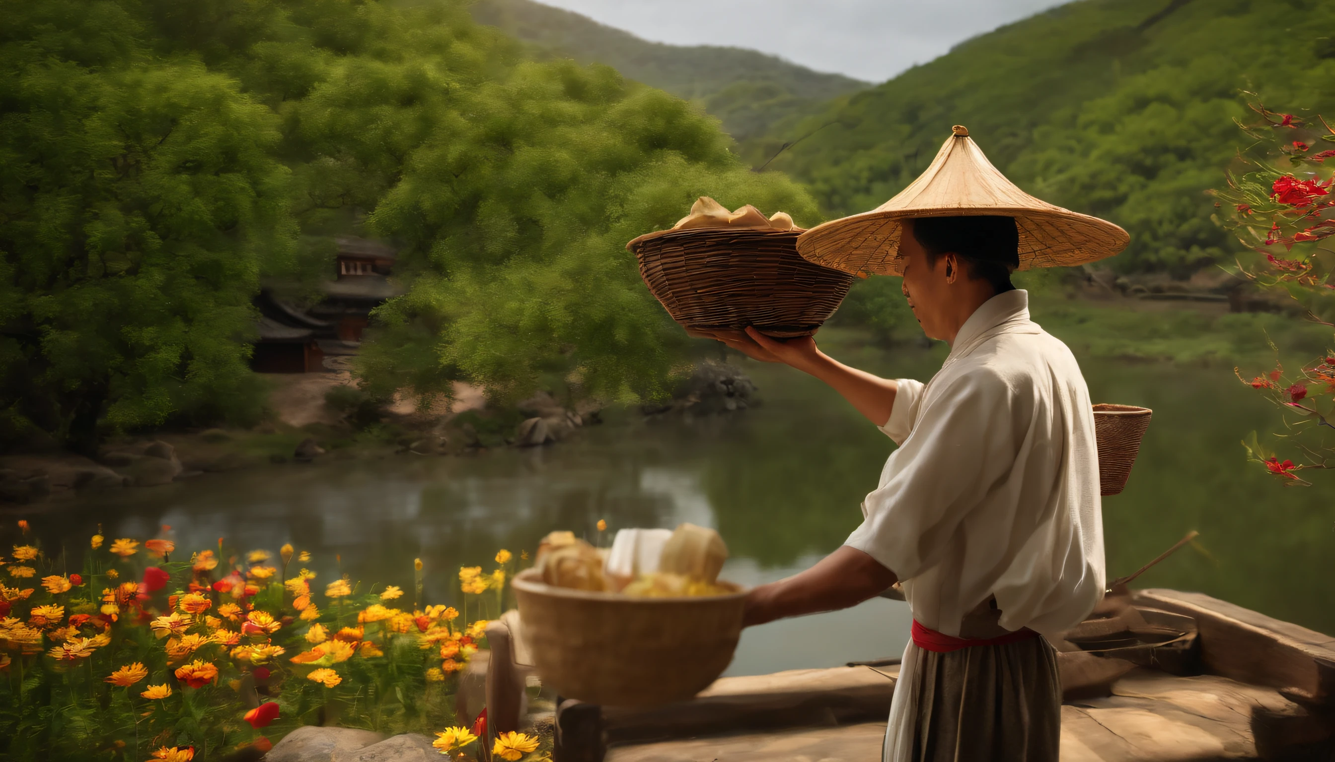 "(melhor qualidade,Altas,master part:1.2),illustration, shion, homem de vilarejo chines, trabalhando com vendas, with basket on head,  estilo chines zen, cultura chinesa, homem andando pela vila, muito tranquila. with trees and river, e pessoas trabalhando, with a bridge and typical houses, desenho realista, animification, 3d, cenario deslubrante, Adult Chinese man wearing a straw hat, Jovem de apoio aos idosos】 Celebrando o Festival de Chongyang de olhos fechados, jovem sorrindo enquanto apoia os idosos, lively Chrysanthemum Festival, sorriso cativante, Close-up of climbing a mountain in the distance, "