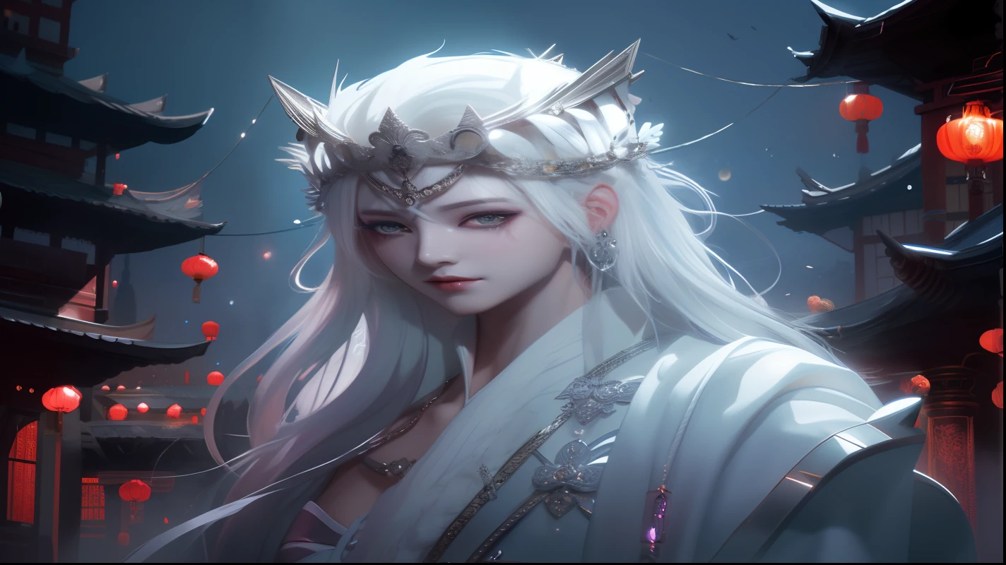 anime, a woman with white hair and a crown in a dark room, white haired deity, beautiful male god of death, chinese fantasy, artwork in the style of guweiz, 2. 5 d cgi anime fantasy artwork, guweiz masterpiece, flowing white robes, digital fantasy art ), anime fantasy illustration, guweiz, guweiz on pixiv artstation