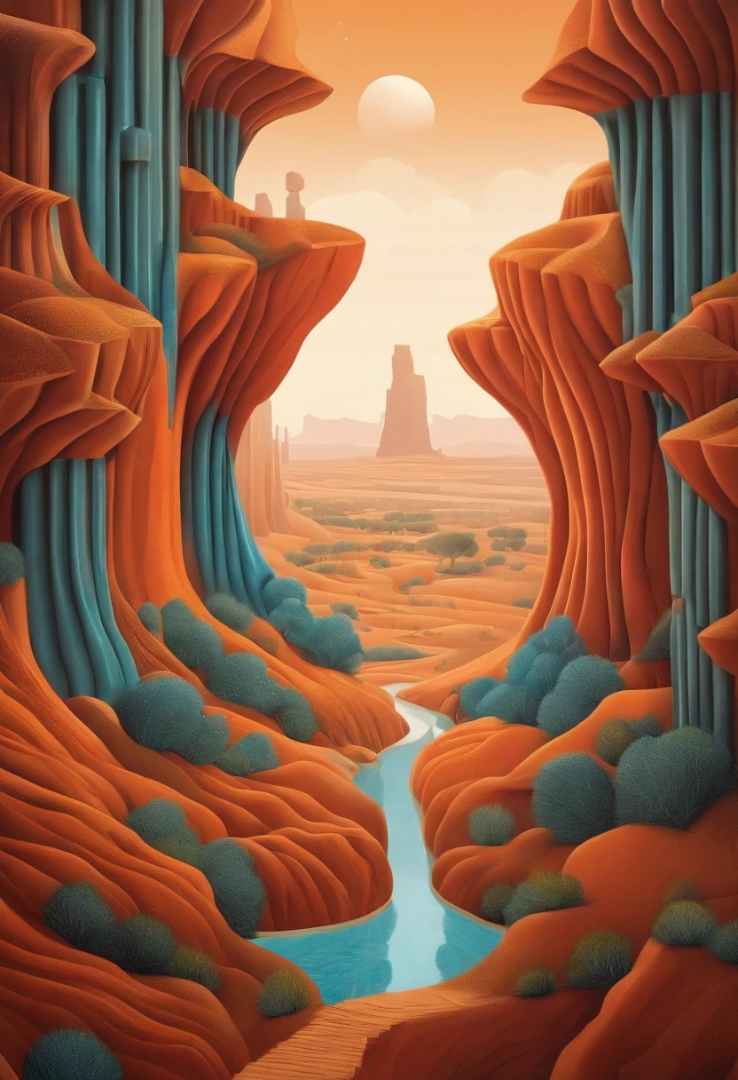 monument valley，optical illusions，cubismo，Yayoi Kusama，Escher's theory of relativity，iso-distance view,Dramaticlight,Translucent stereoscopic,Rich in color,Beautiful composition，tmasterpiece,Detailed details,k hd,Urban bridges，River forest