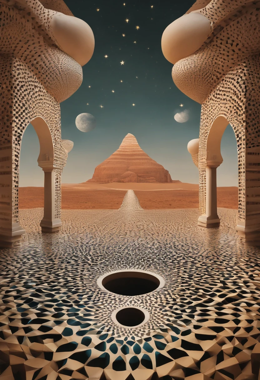 monument valley,optical illusions,cubismo,Yayoi Kusama,Escher's theory of relativity,iso-distance view,Dramaticlight,Translucent stereoscopic,Rich in color,Beautiful composition,tmasterpiece,Detailed details,k hd,Urban bridges,River forest