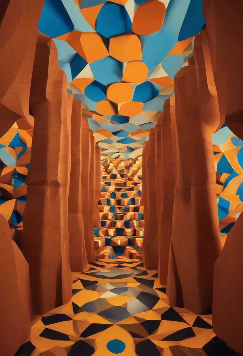 monument valley，optical illusions，cubismo，Yayoi Kusama，Escher's theory of relativity，iso-distance view,Dramaticlight,Translucent stereoscopic,Rich in color,Beautiful composition，tmasterpiece,Detailed details,k hd,Urban bridges，River forest