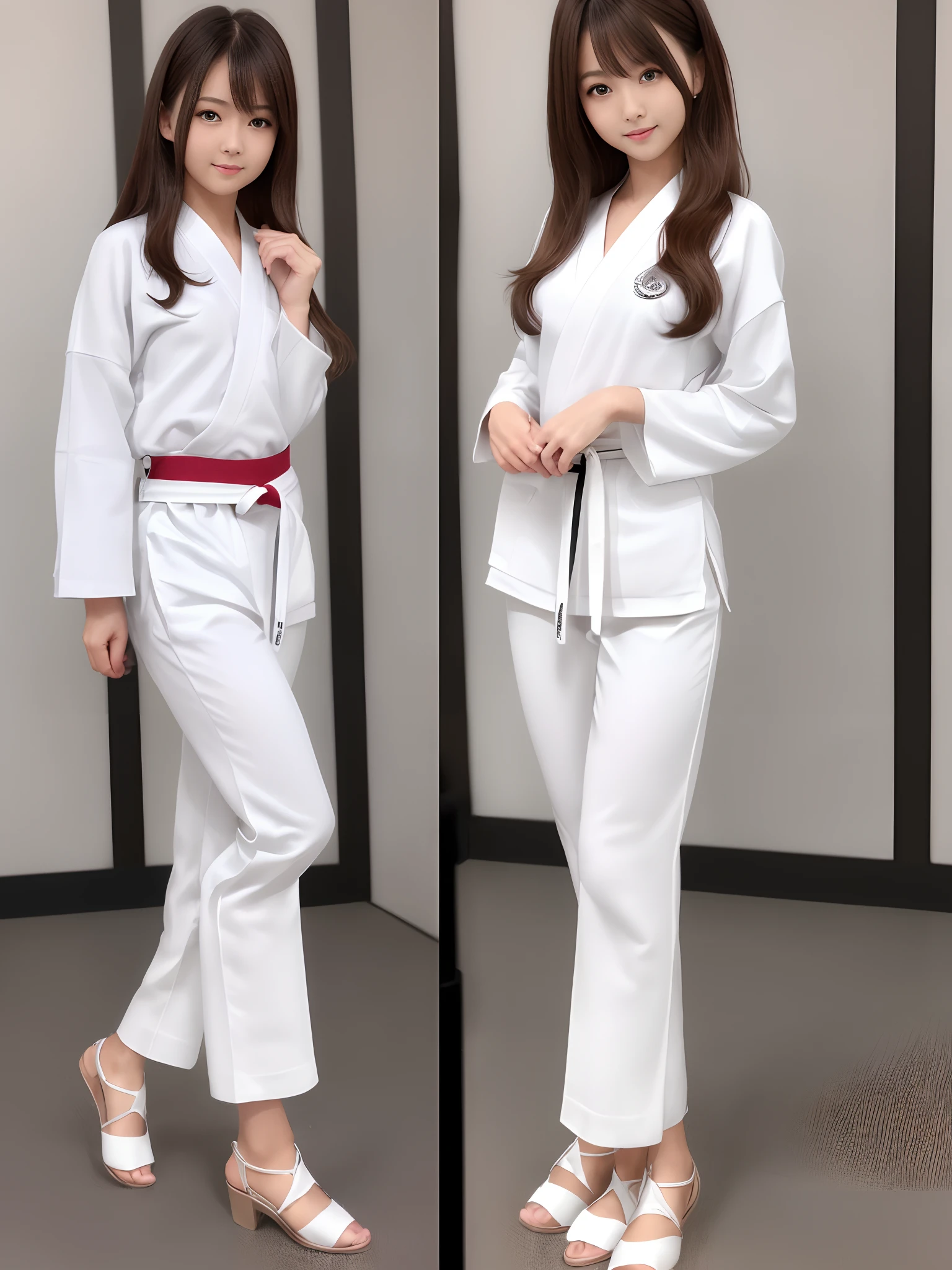 (Photorealsitic)(), Perfectly beautiful woman, (Full body 8K portrait), Large and dynamic hand and foot movements, White Karate Uniform, White karate pants, Large bust,Stand alone, Bring your fist forward, Large and dynamic hand and foot movements, Correct skeleton, Perfect facial detail, (Smile: 1.15), attractive beautiful face, gazing at viewer, a small face, 二重まぶた, Beautiful detailed eyes, long eyeslashes, ligh brown hair, poneyTail, Toned waist, Beautiful thin legs, toned ankles, bare-legged ,TOKYOcty