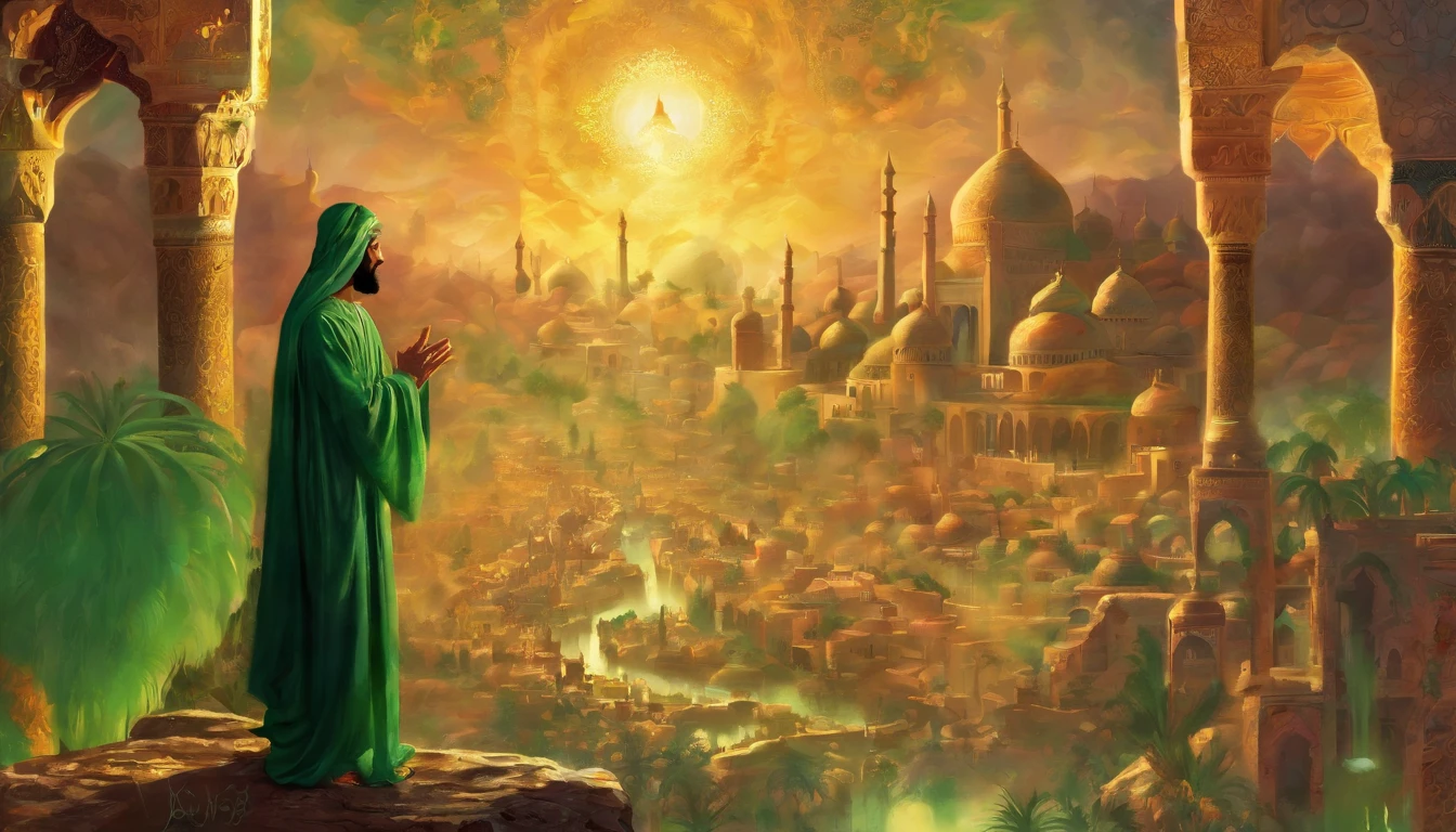 An arabian man with green robe standing on a rock opening his hands and telling parables in a crowd, mosque, 1400 years ago, Islamic elements, extremely detailed