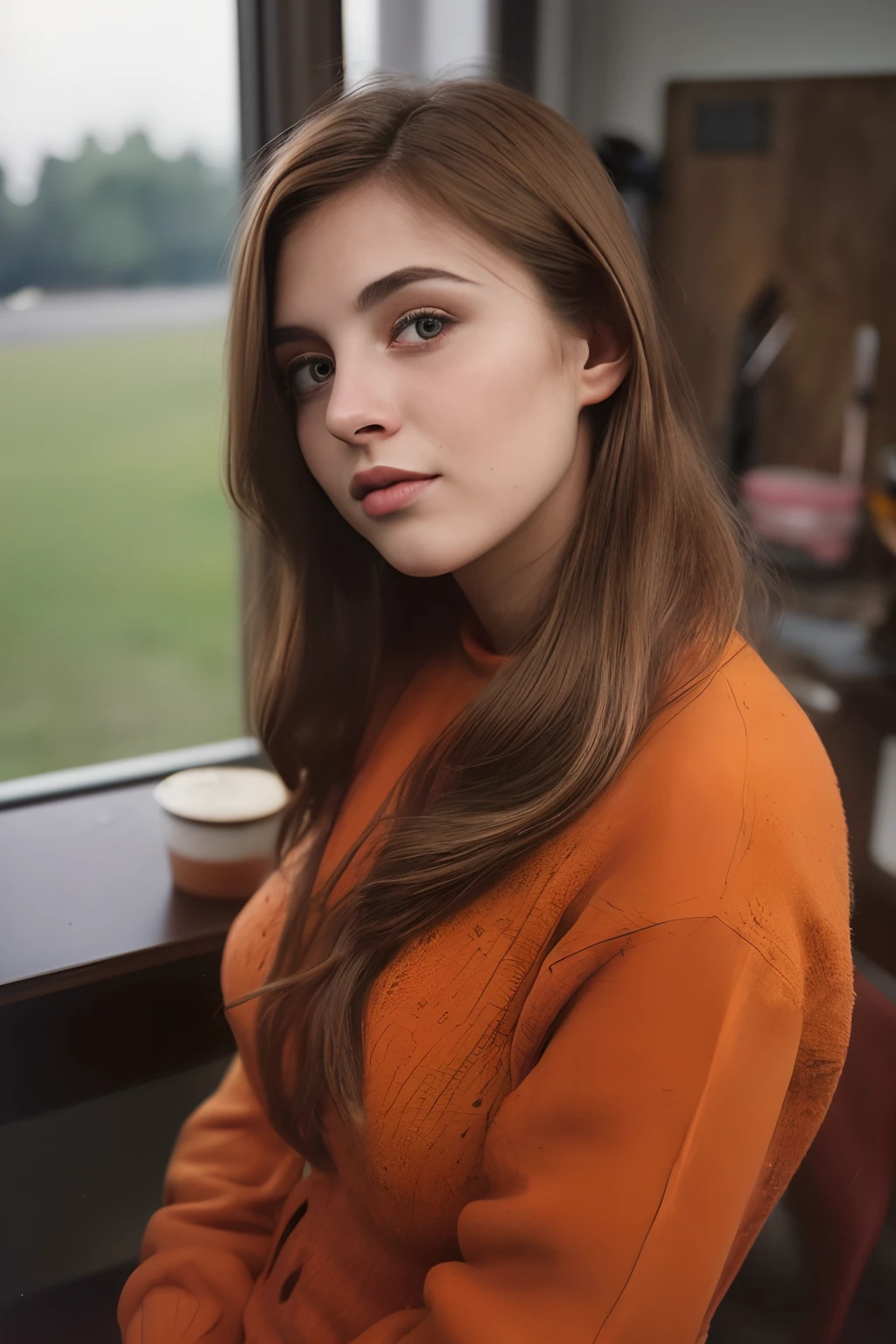 (nahaufnahme, editorial photograph of a 21 year old woman), (Hochdetailliertes Zifferblatt:1.4) (smil:0.7) (hintergrund innen ??????, launisch, Privates Arbeitszimmer:1.3) Pov, Regie:: Lee Jeffries, Nikon D850 |, Film-Stockfotografie ,4 Kodak Portra 400 ,Kamera F1.6 Linsen ,Satte Farben ,Hyperrealistisch ,Realistische Textur, Dramatische Beleuchtung , cinestill 800,