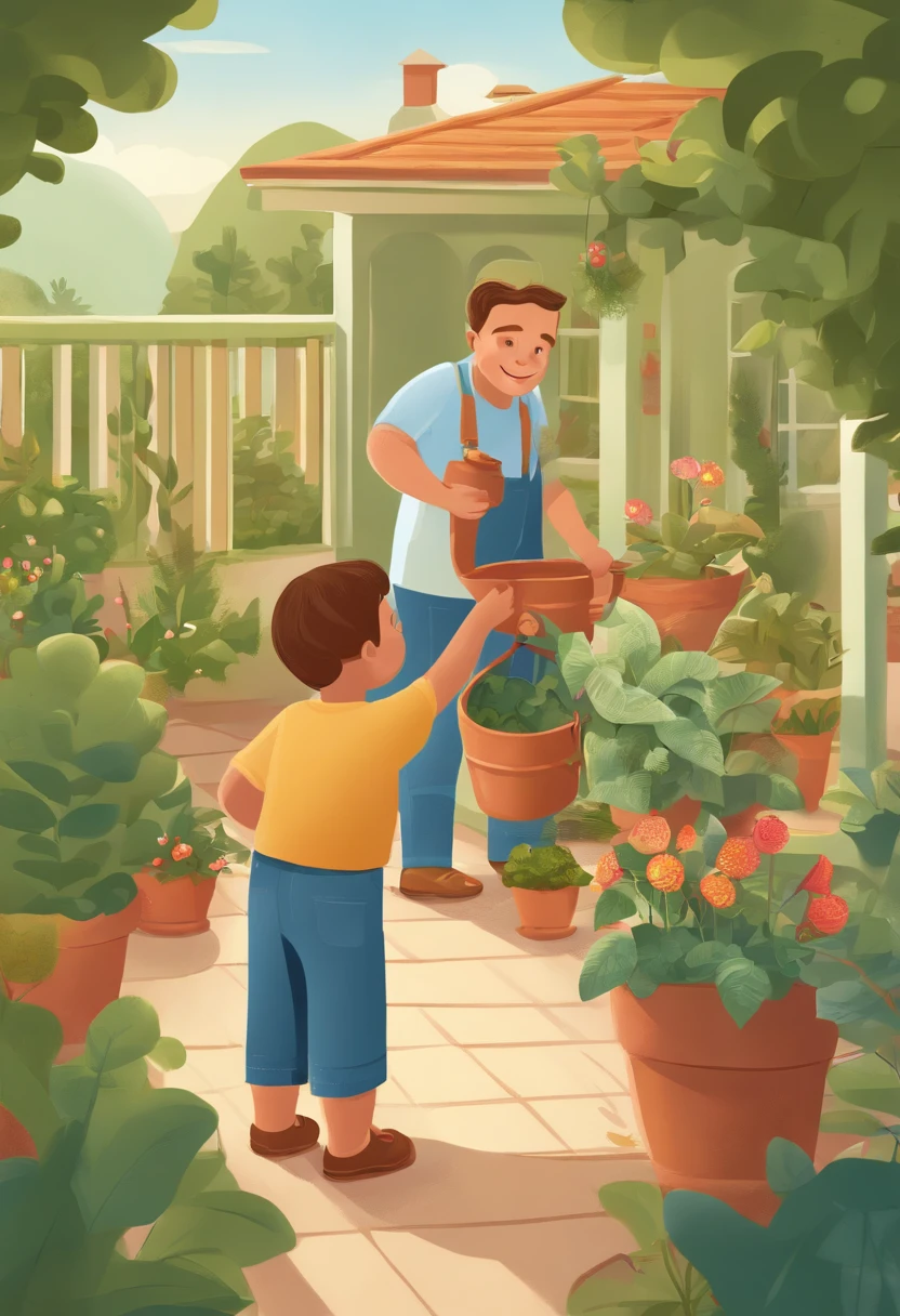 There is a middle-aged man and a  girl watering plants, children's book illustration, children's book illustration, children's book illustration, commercial illustration, children's book illustration, flat illustration, detailed 2D illustration, 2D illustration, 2D illustration, children's book illustration, children's book illustration, illustration, children's illustration, professional illustration