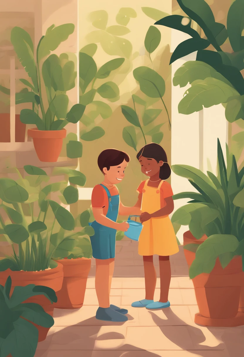 There is a middle-aged man and a girl watering plants, children's book illustration, children's book illustration, children's book illustration, commercial illustration, children's book illustration, flat illustration, detailed 2D illustration, 2D illustration, 2D illustration, children's book illustration, children's book illustration, illustration, children's illustration, professional illustration