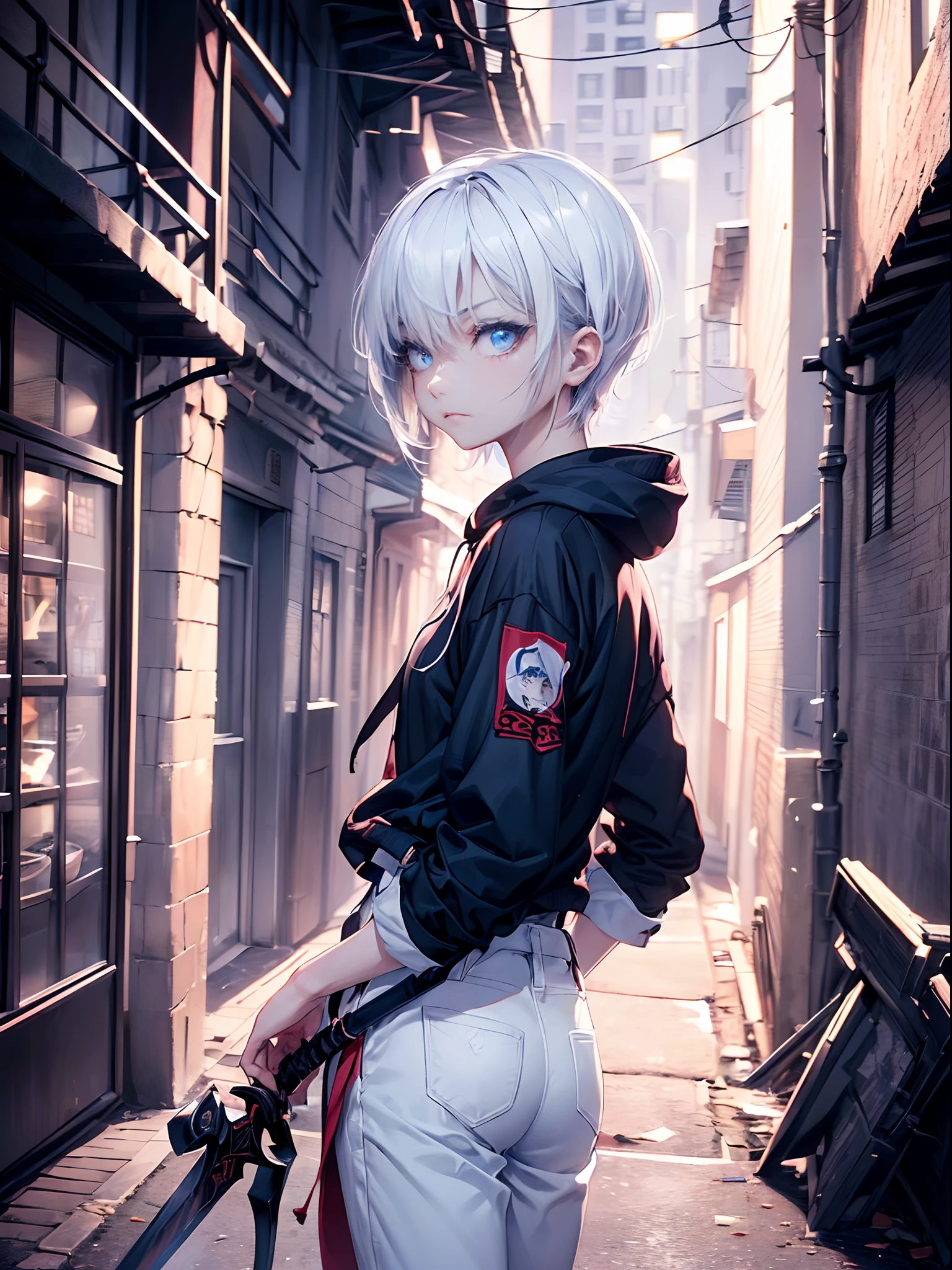 ((4K works))、​masterpiece、(top-quality)、One Beautiful Girl、Slim body、tall、((Black Y-shirt and white pants、Charming street style))、Please wear one jacket、Wearing a hood to hide his face、(Detailed beautiful eyes)、Midnight Combat、In battle with demons、((Dark back alley at midnight))、saddened、suffocating、desolate、((Pitch-black tunnel))、((Face similar to Carly Rae Jepsen))、((Short-haired white hair))、((Smaller face))、((Neutral face))、((Bright blue eyes))、((American adult women))、((Adult female 26 years old))、((cool lady))、((Like a celebrity))、((Korean Makeup))、((elongated and sharp eyes))、((angry expressions))、((In battle with a sword))、((boyish))、Professional Photos、((Shot by two))、((He is in battle))、((He is in front of the viewer))、((Shot so that the back of the head and back are visible))、((shot from a side angle))、((He's looking forward.、I can't see my face))、((He is fighting in a distant place))、horor、Photos of sadness