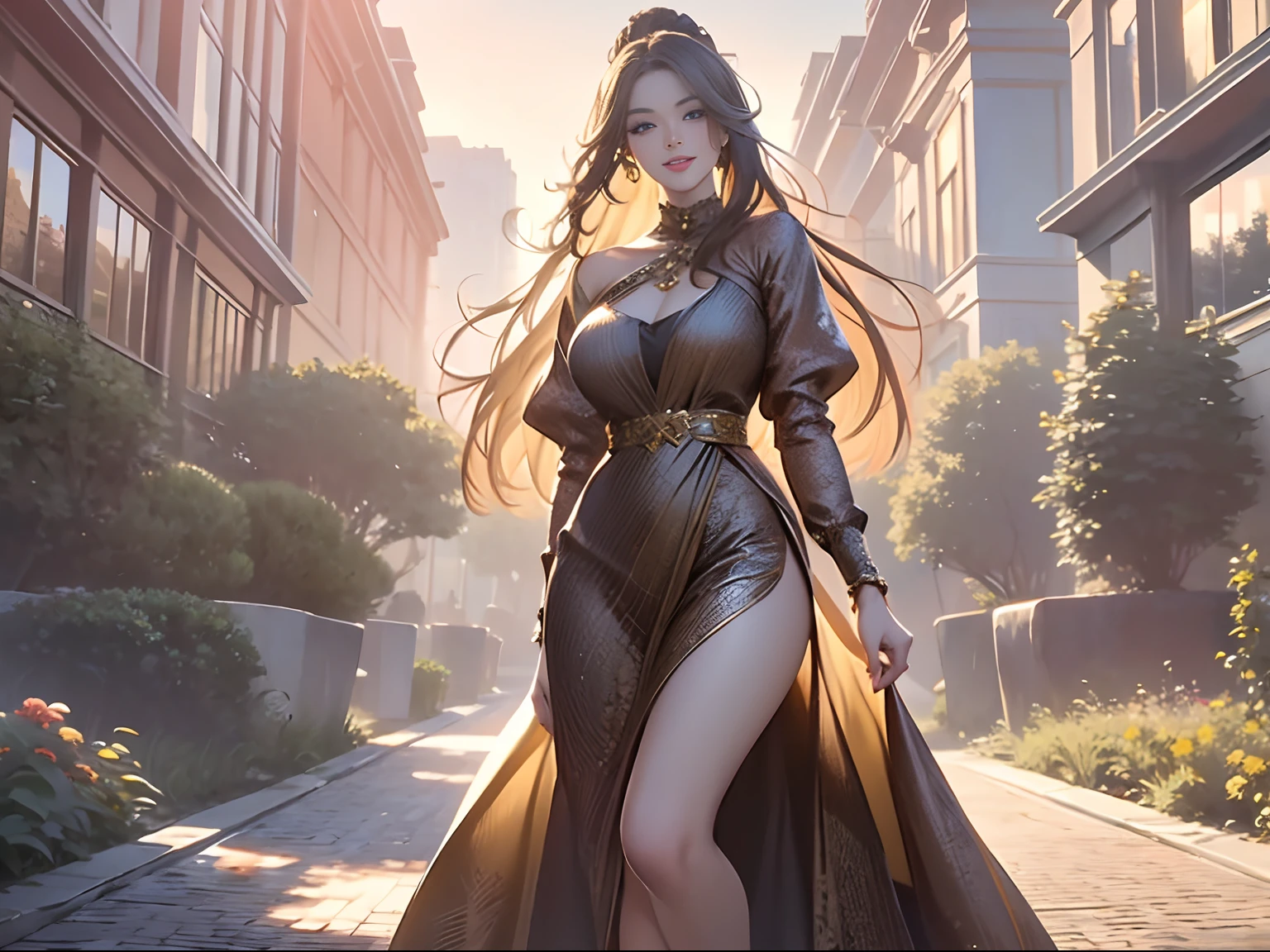 masterpiece, best quality, 1girl, aqua eyes, black hair, closed mouth, multicolored background, looking at viewer, outdoors, solo, upper body, alluring, clean, beautiful face, pure face, pale skin, sexy pose,((luxury dress, breasts slit)), long hair, ((perfect female figure)), mature female, milf, narrow waist, chinese deity, seductive, highly detailed,best quality, masterpiece, highres, original, extremely detailed 8K, wallpaper, masterpiece, best quality, illustration, beautifully detailed eyes, cinematic lighting, earrings, jewelry