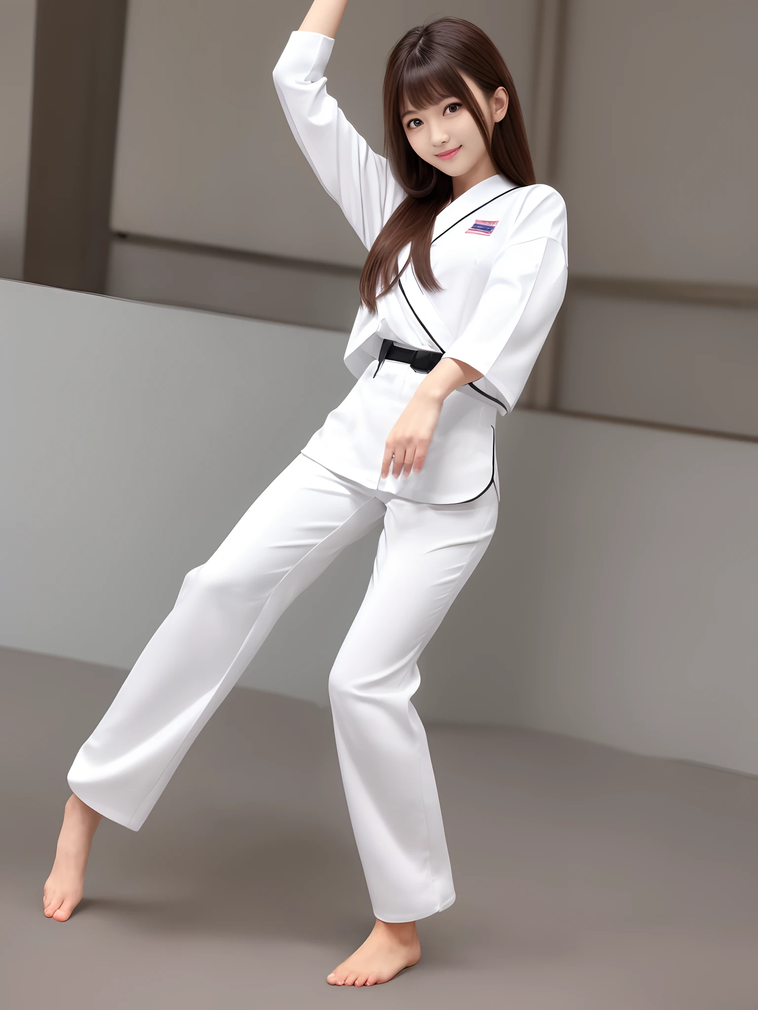 (Photorealsitic)(sixteen years old), Perfectly beautiful woman, (Full body 8K portrait), Large and dynamic hand and foot movements, White Karate Uniform, White karate pants, Large bust,Stand alone, Bring your fist forward, Large and dynamic hand and foot movements, Correct skeleton, Perfect facial detail, (Smile: 1.15), attractive beautiful face, gazing at viewer, a small face, 二重まぶた, Beautiful detailed eyes, long eyeslashes, ligh brown hair, poneyTail, Toned waist, Beautiful thin legs, toned ankles, bare-legged ,TOKYOcty