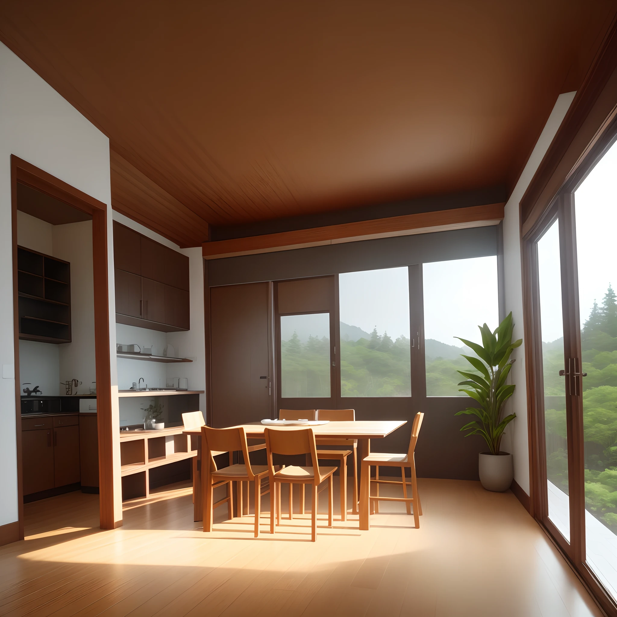 Interior design、Crazy detailed wide-angle building photos、Comfortable modern living space、Bedrooms,(Bright warm sunshine 1:0.1)、award-winning contemporary interior design、Landscapes、DL、a chair、in a house、wooden floor、window、dining room、east asian east asian architecture、Sliding paper doors、lamp lights、buliding、the woods、naturey、Cups、A plant、Interior design、Insert lights and shadows、depth of fields、low illuminance