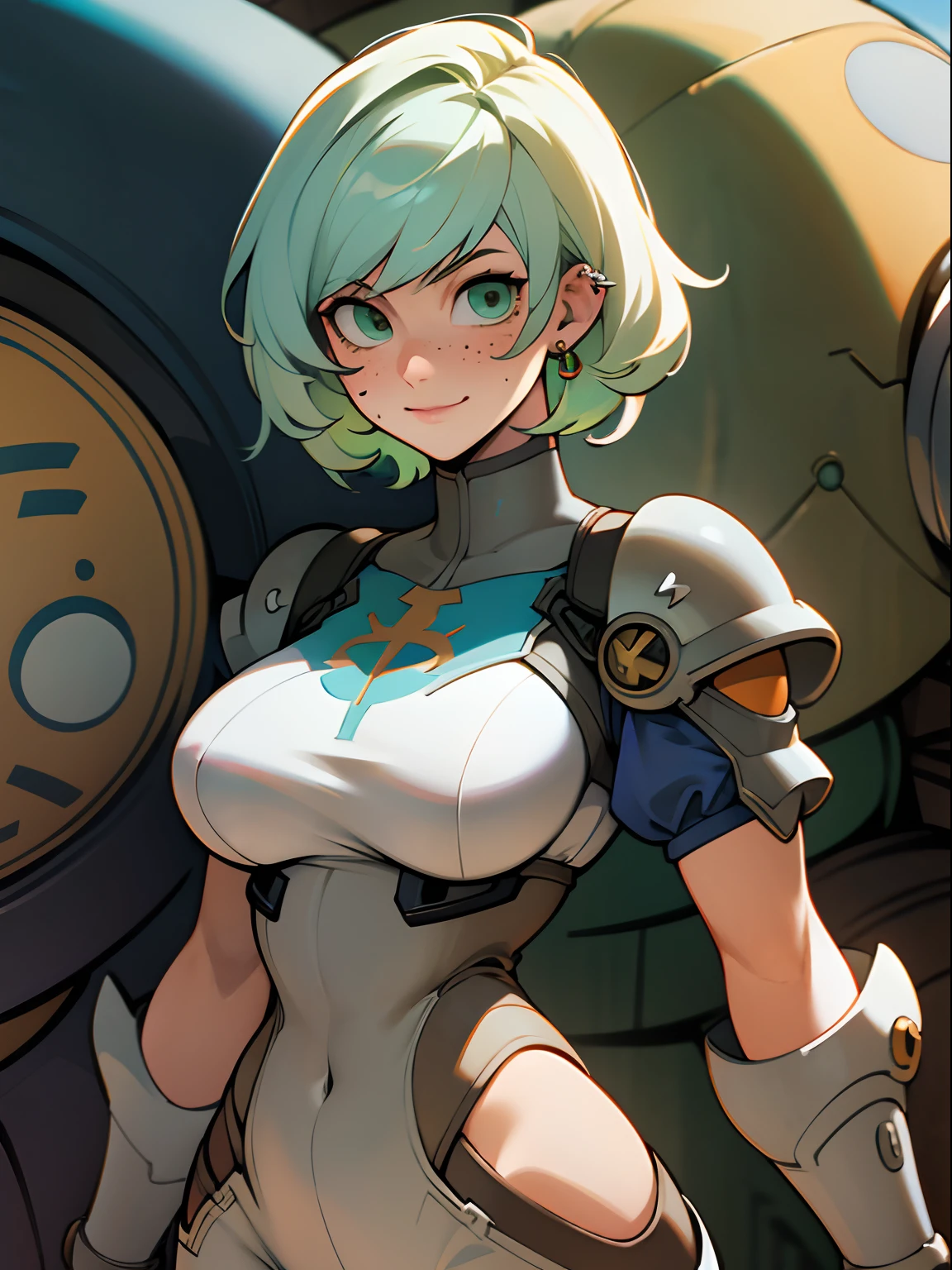 gwen tennyson,y'shtola rhul,tracer,yorha 2b,1girl,atelier ryza,overwatch,close up, mecha pilot,harbor view,tattoos,blue and orange plugsuit,white short sleeve silk top,light gray cargo pants,uncovered belly,saiyan hair,cute makeup,green eyes,dimensional golden hair,shy smile, freckles,beautiful girl,large breasts, ultra detailed,realistic,fantasy art,saiyan armor,cyborg armor,steel armor,harbor shore,military uniform,ear piercings,hair pin,super saiyan girl,saiyan female,