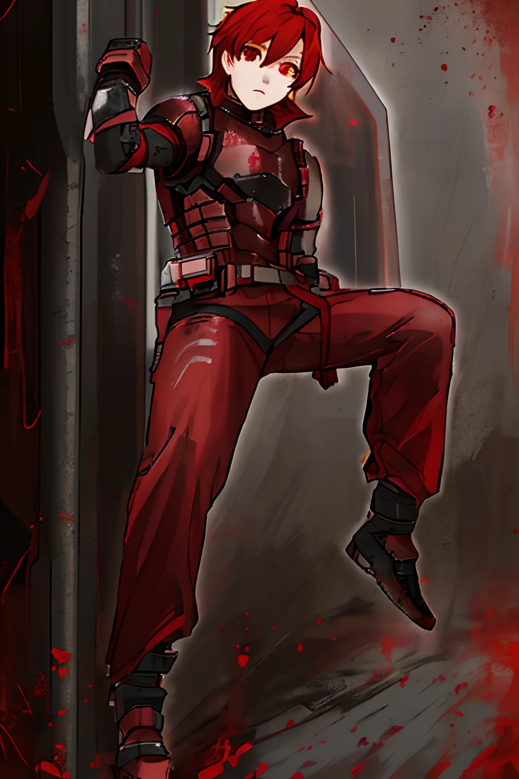 red eyes, red hair, dead space armor,